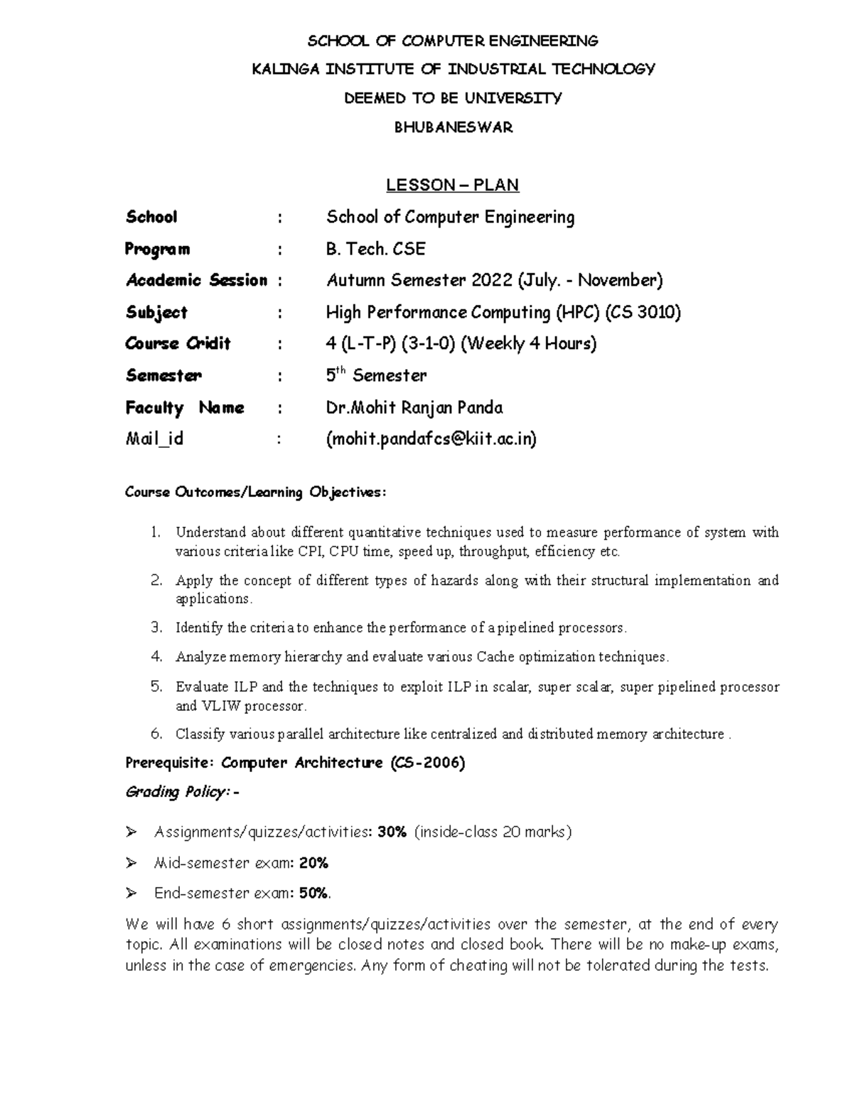 Updated Lesson Plan for High Performance Computing (CS 3010) - Studocu