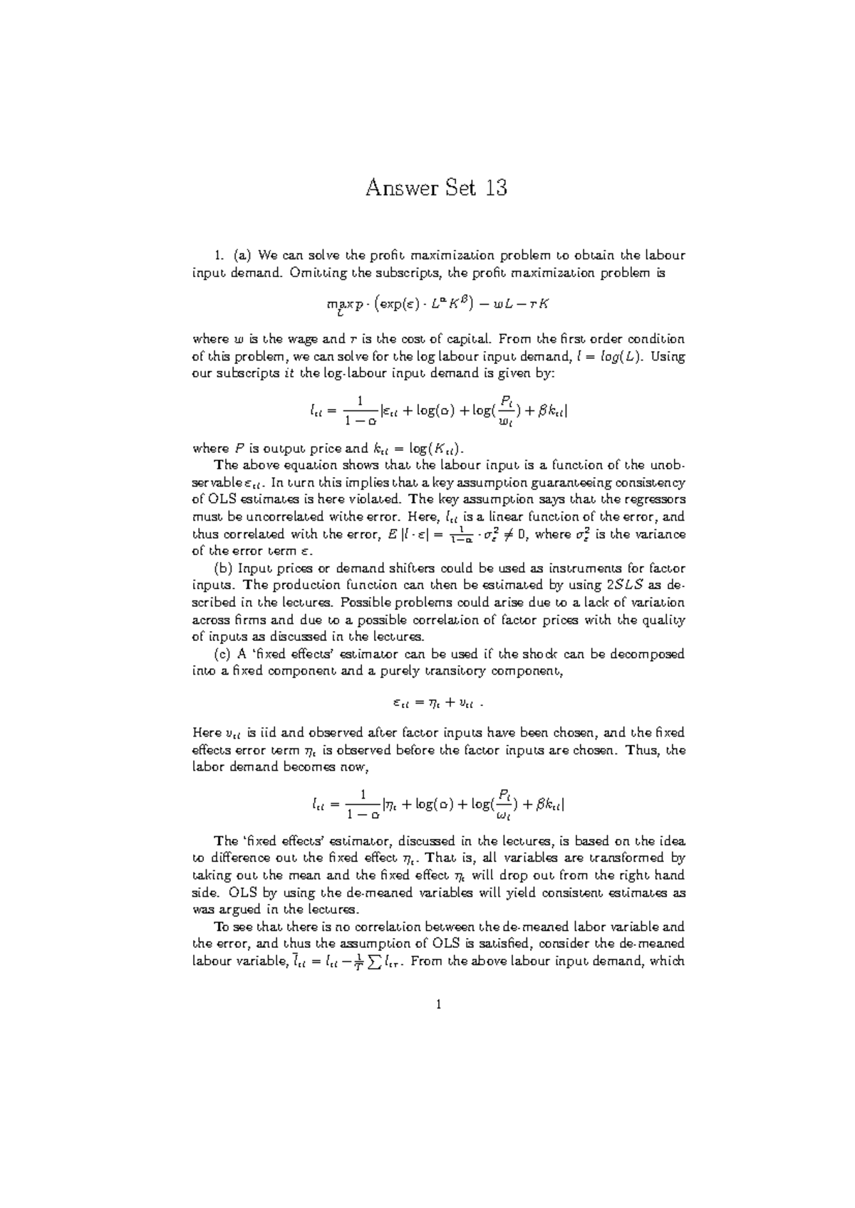 Answers Set 13: Labor Input Demand and OLS Consistency Analysis - Studocu