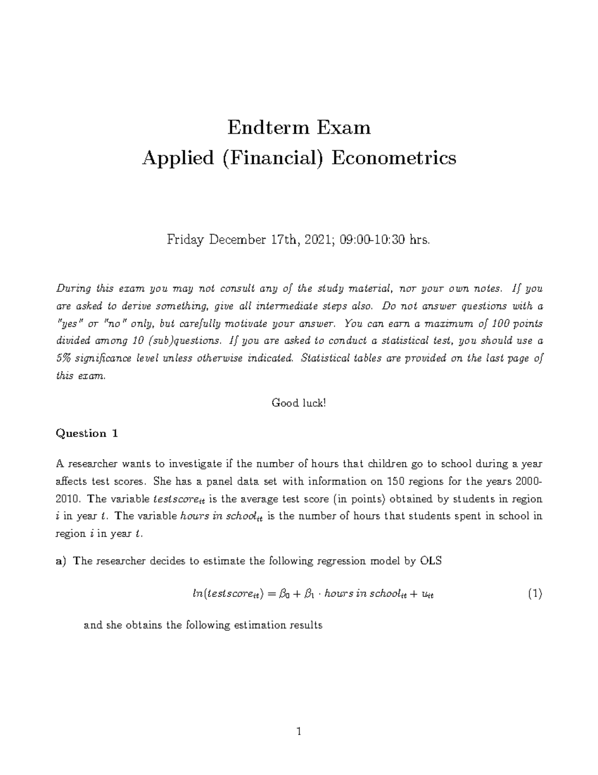 End Term Exam: Applied Econometrics 2021 - Key Concepts and Issues ...