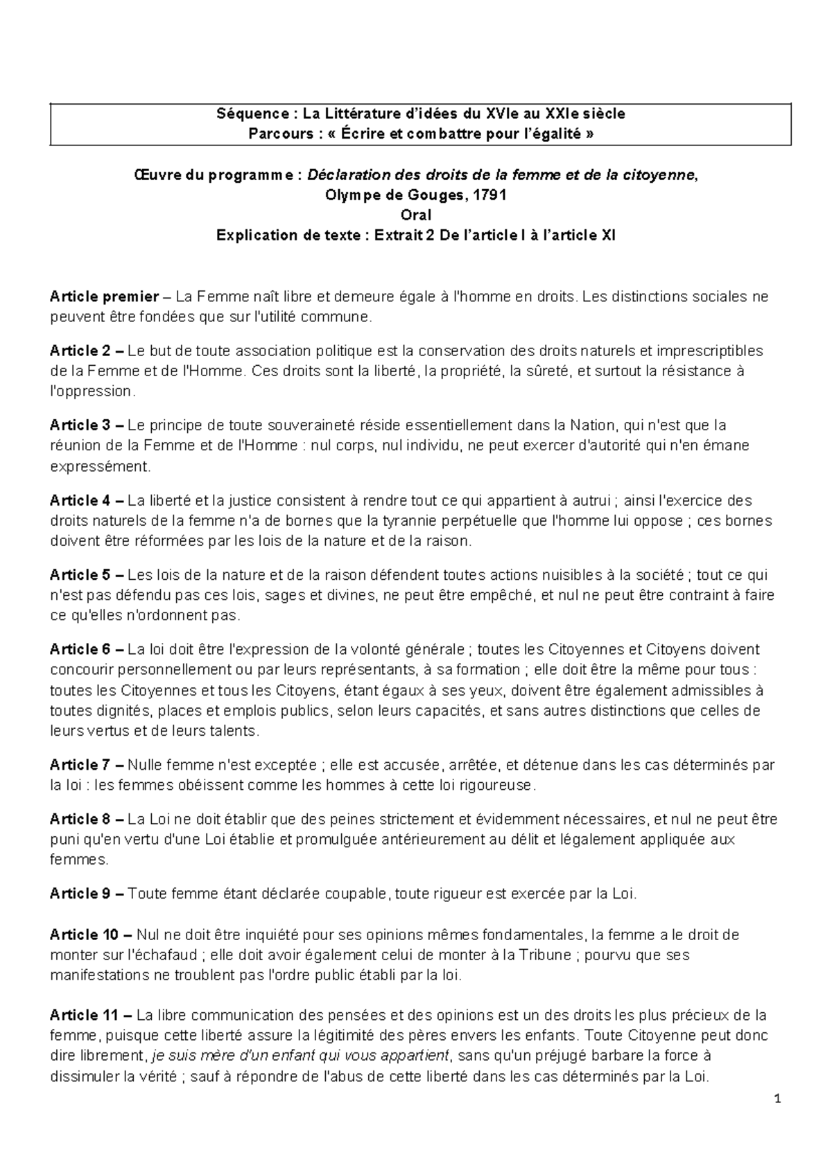 Déclaration des droits de la femme et de la citoyenne - Extrait 2 (OG ...