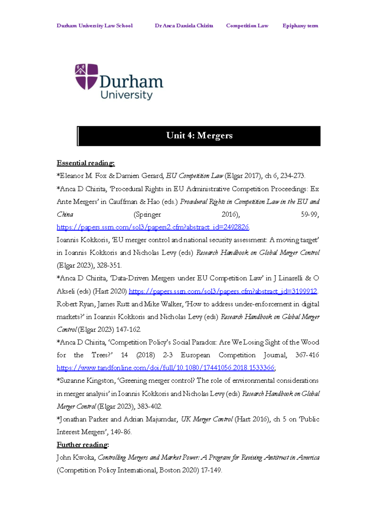 Durham University Law School: Unit 4 Mergers Lecture Notes - Studocu