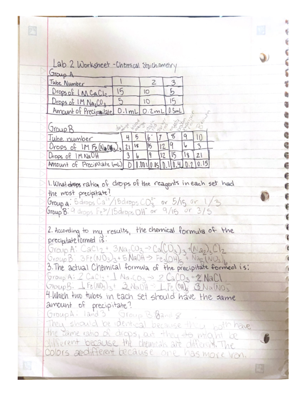 CHEM 111 LAB 2 - Lab - Lab 2 Worksheet Stoichiometry Group A Tube ...