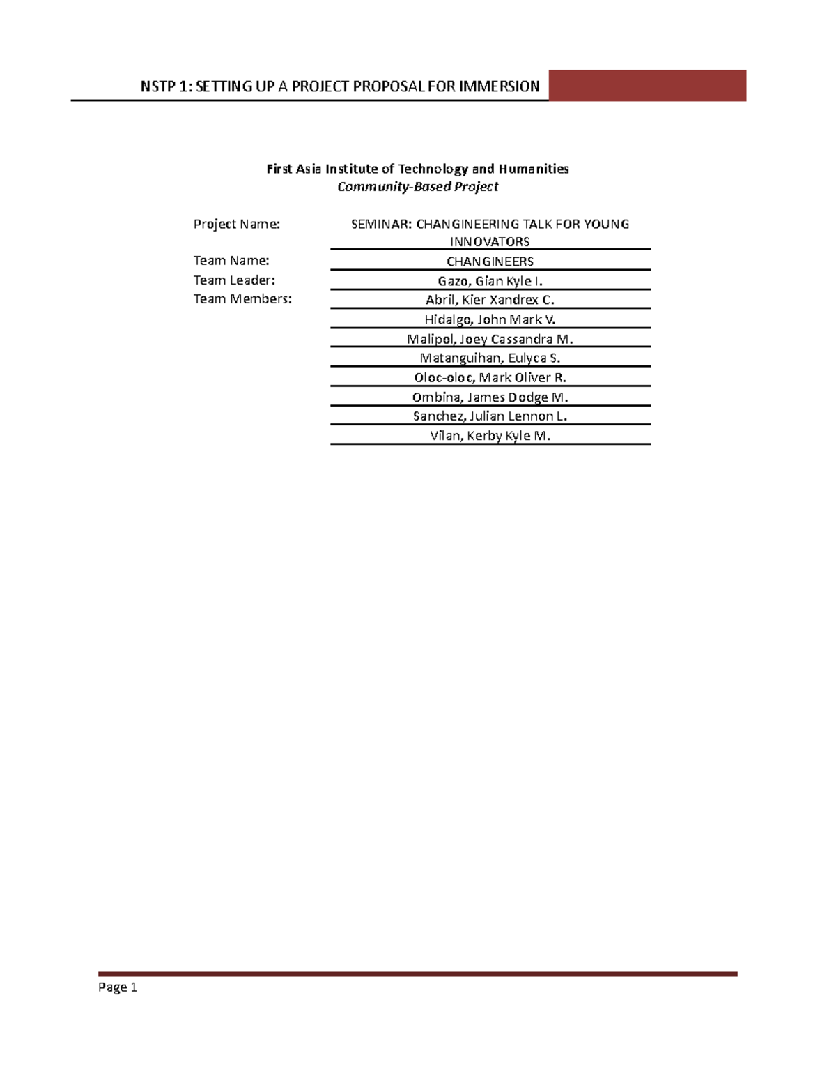 NSTP 1: PROJECT PROPOSAL FOR IMMERSION SEMINAR ON ENGINEERING ...