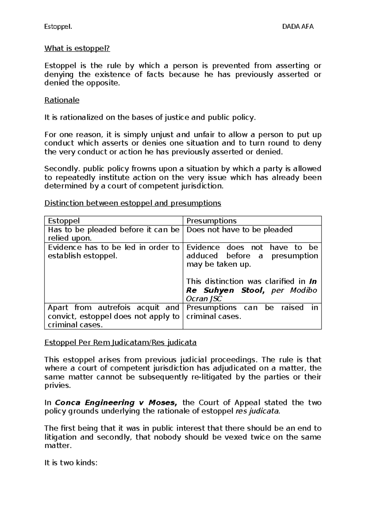 Estoppel: Key Concepts and Legal Principles - DADA AFA - Studocu