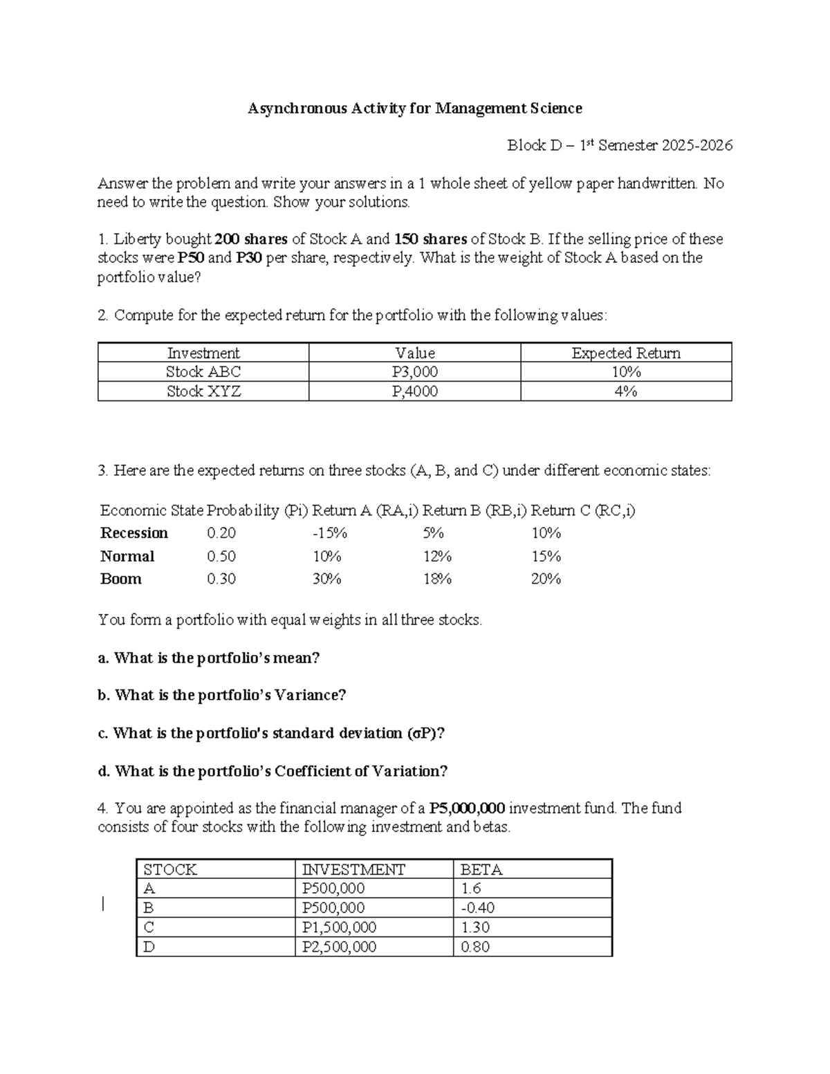 Asynch Activity for Management Science Block D: Risk & Return Analysis ...