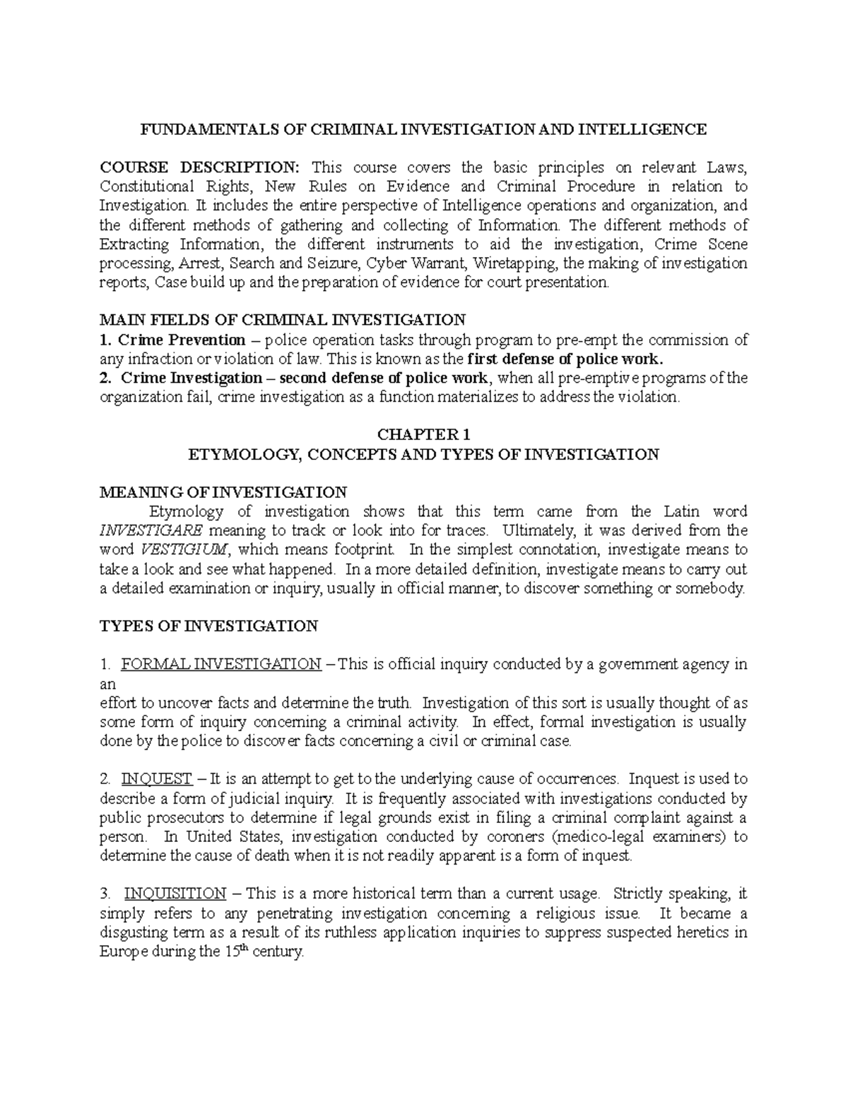 CDI 1 - Fundamentals of Criminal Investigation Review Notes - Document Preview