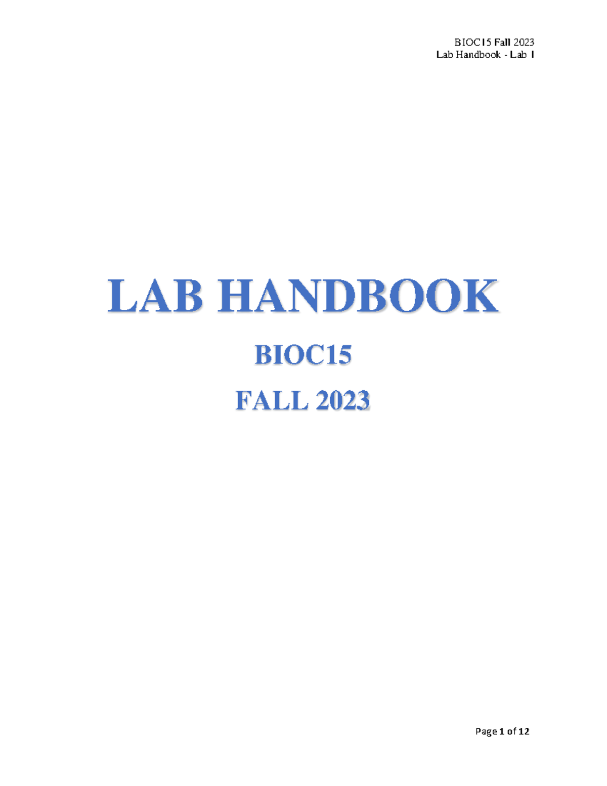 BIOC Lab1 Handbook - Overview of Lab Activities and Safety - Studocu