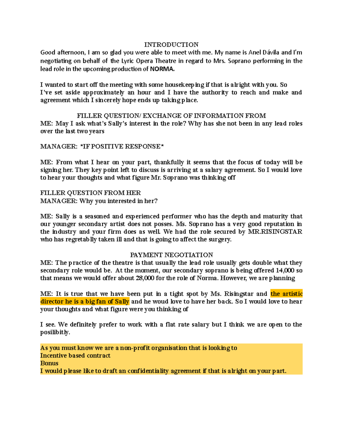 Negotiation Plan Script for NORMA Production - Lyric Opera Theatre ...