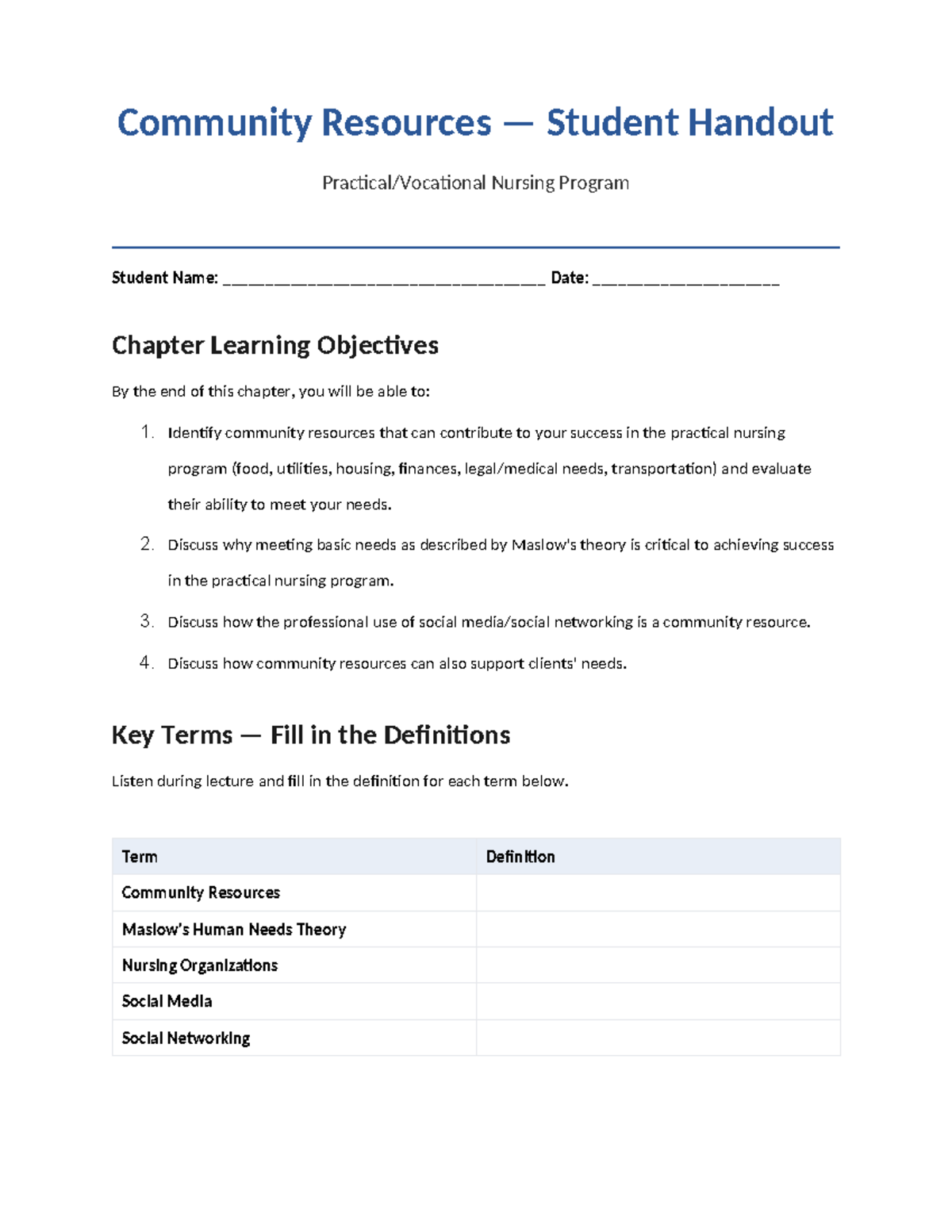 Community Resources - Nursing Program Student Handout - Studocu