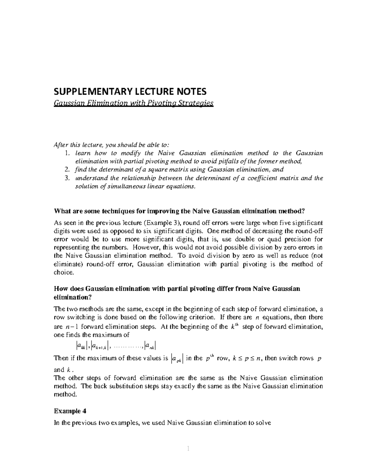 Gaussian Elimination with Pivoting Strategies - Supplementary Notes ...