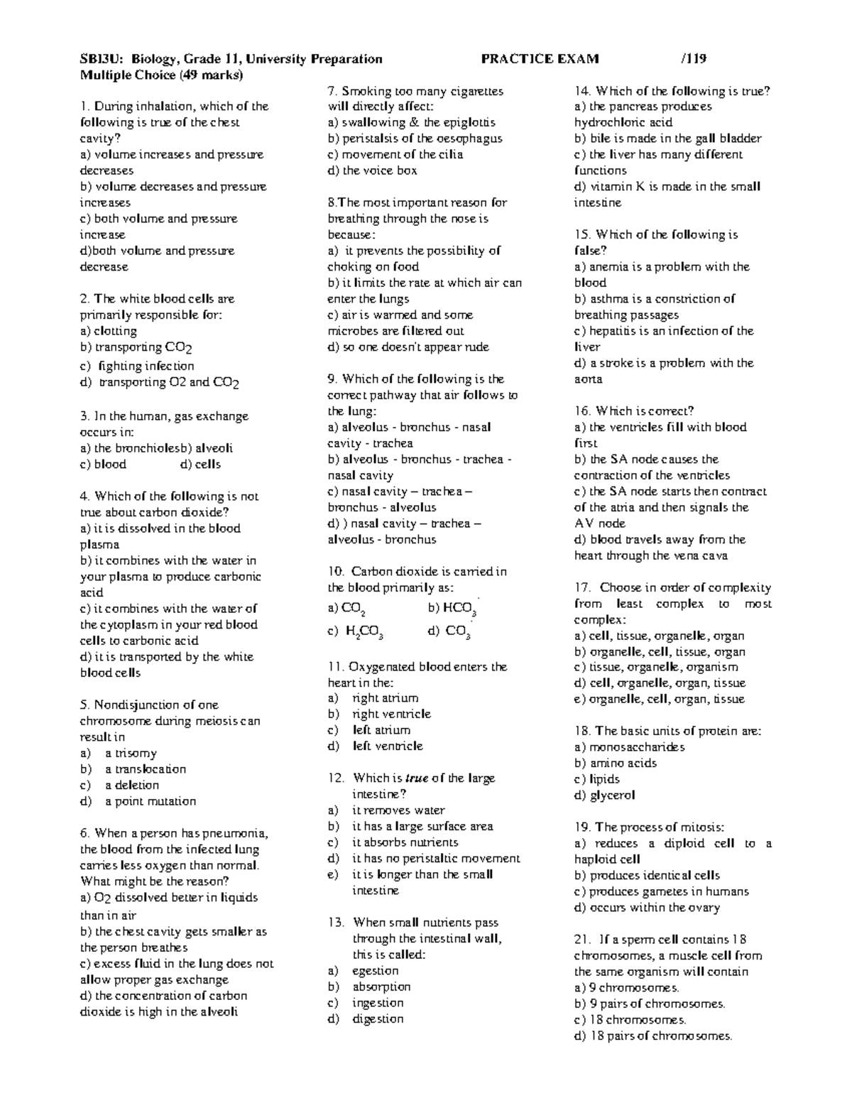 SBI3U Grade 11 Biology Practice Exam Questions & Diagrams - Studocu