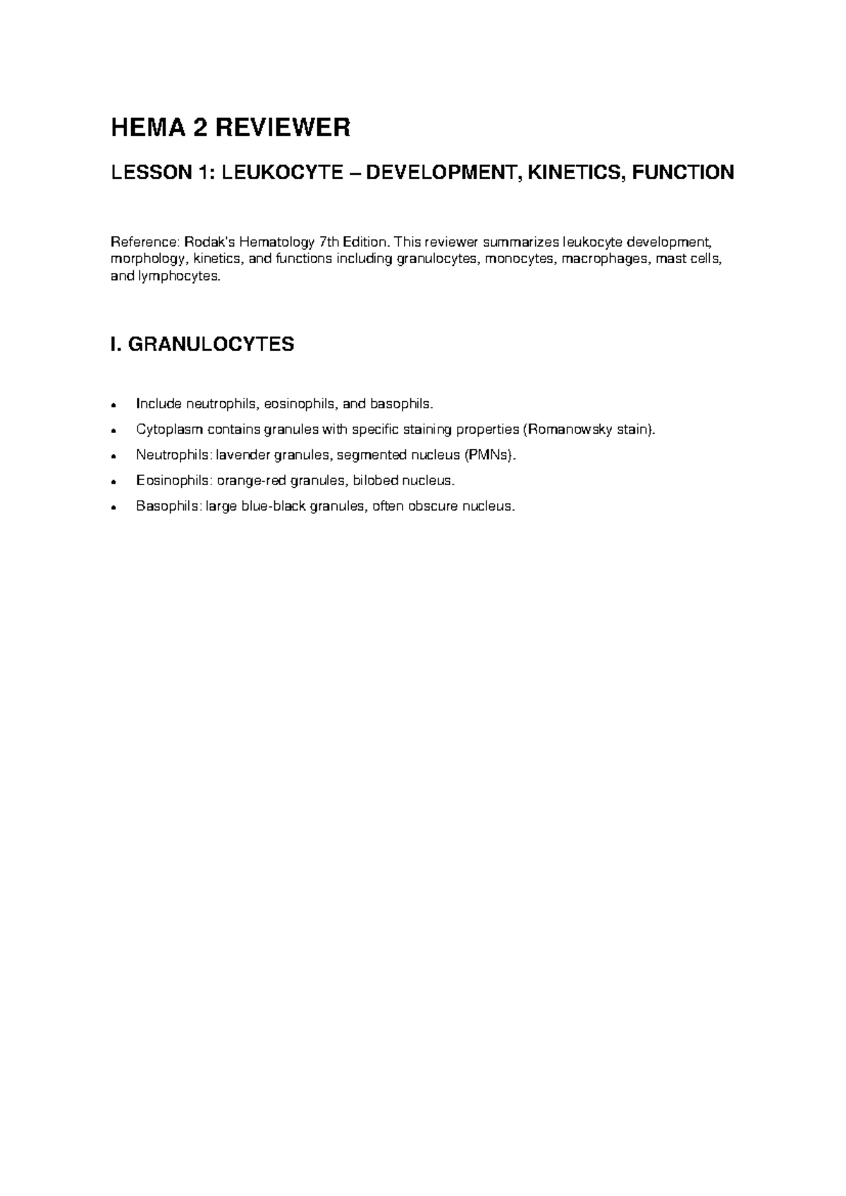 HEMA 2 REVIEWER: LEUKOCYTE DEVELOPMENT & FUNCTION - Studocu