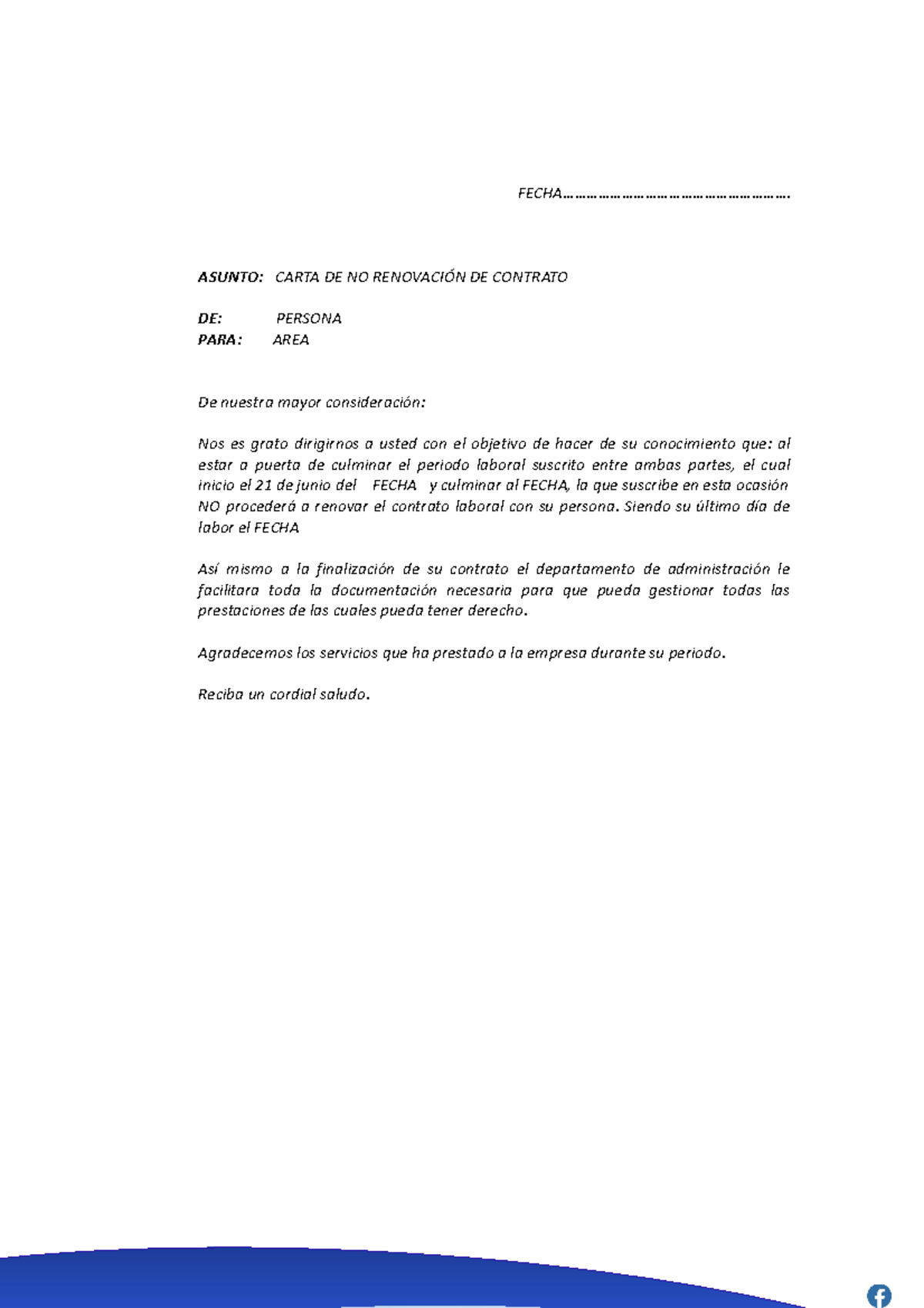 Carta de No Renovación de Contrato - FECHA - Document Preview