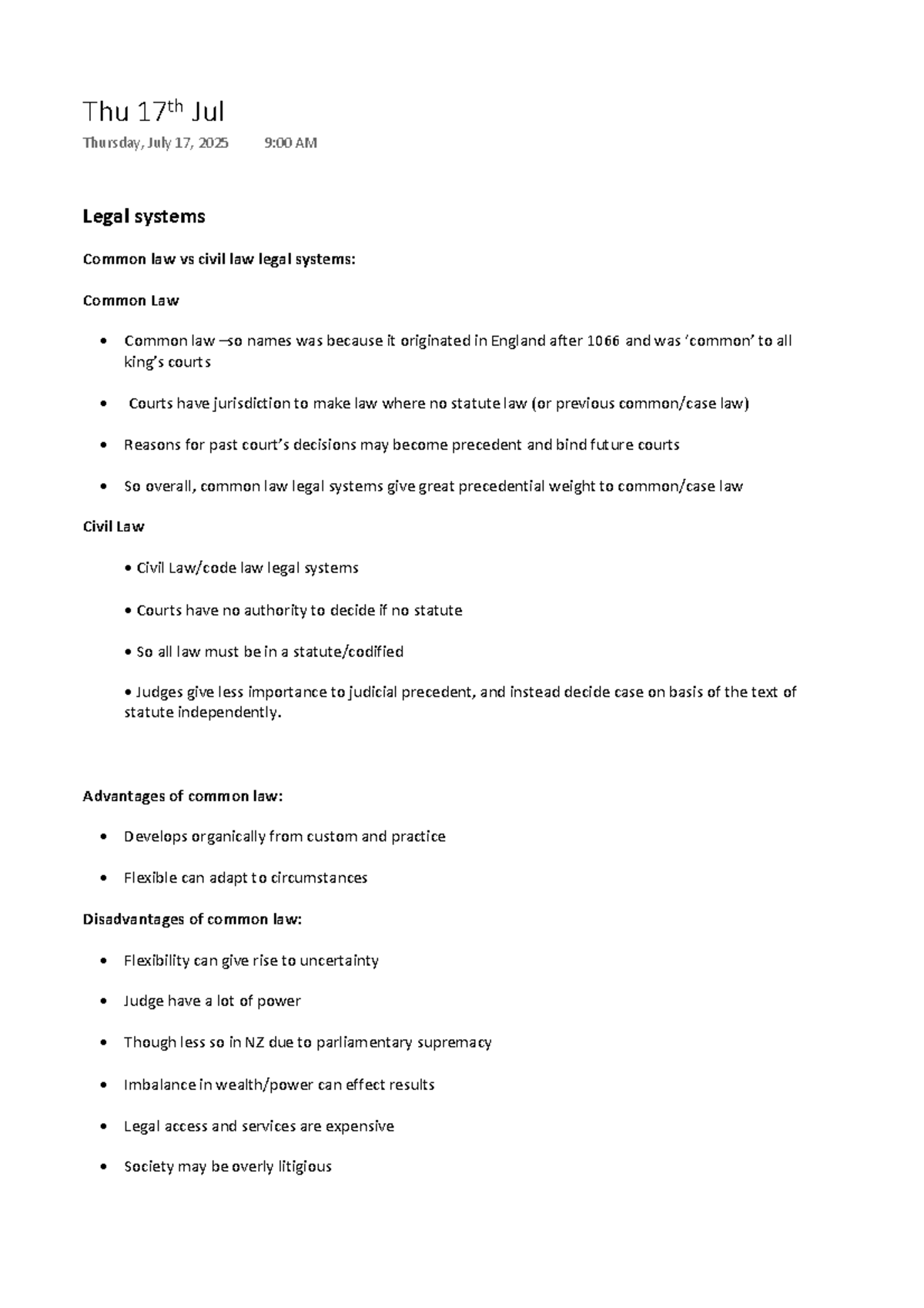 L111 Week 1 Notes: Common Law vs Civil Law Systems - Studocu