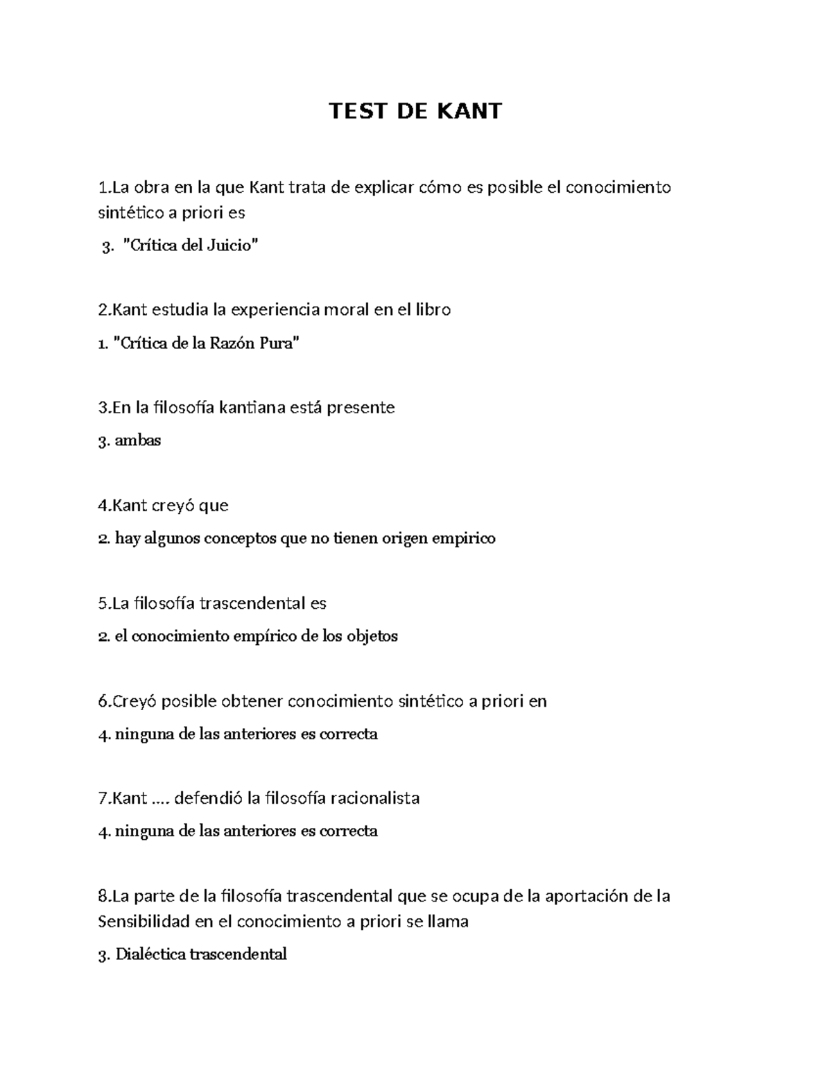 TEST DE KANT - Preguntas y Respuestas sobre Filosofía Kantiana - Studocu