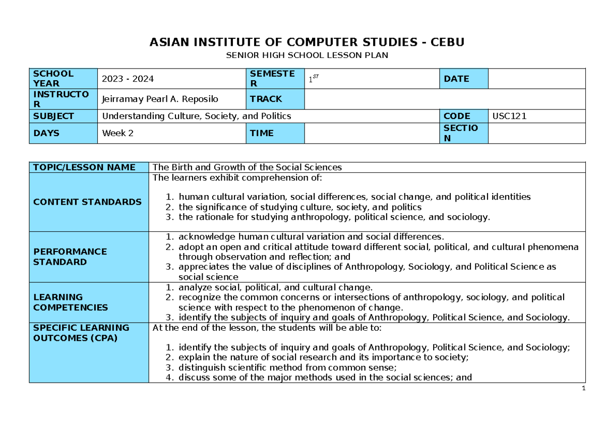 SHS Lesson Plan UCSP Week 2 - ASIAN INSTITUTE OF COMPUTER STUDIES ...