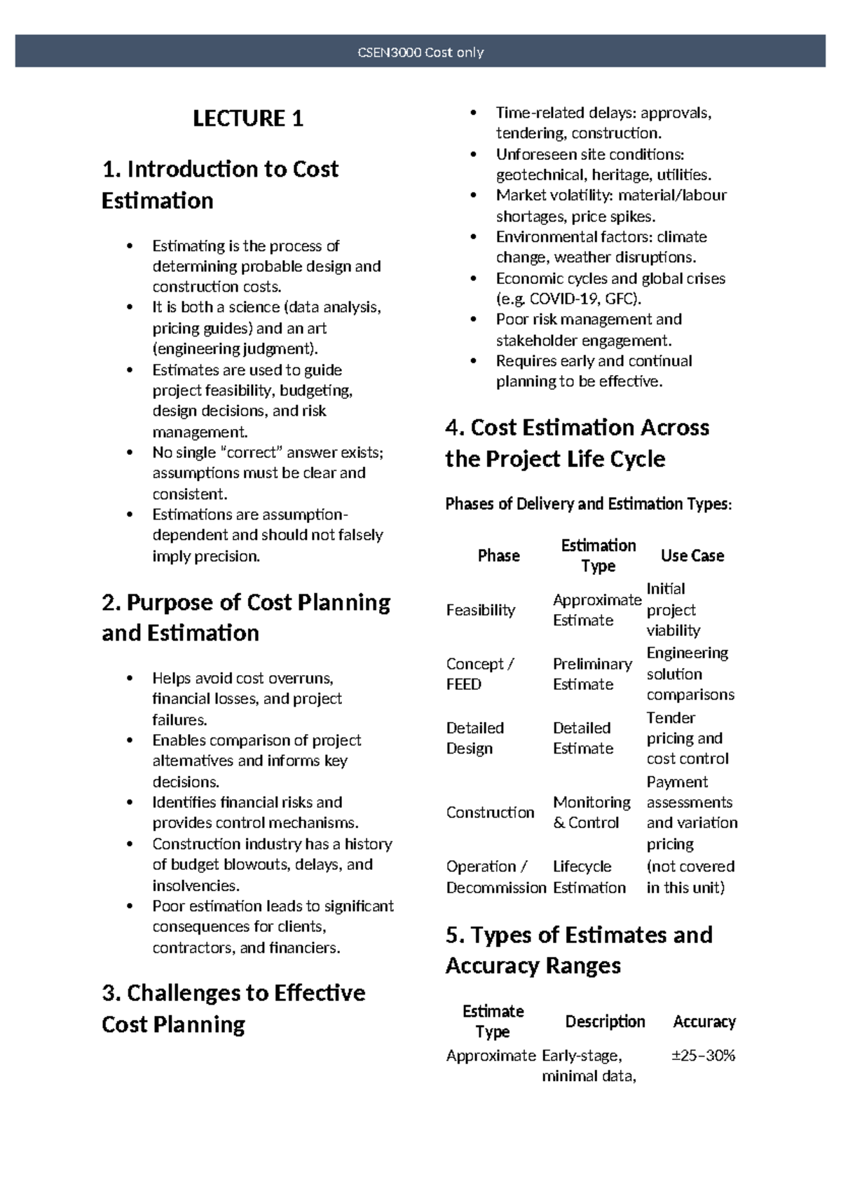 CSEN3000 Cost Estimation Lecture 1: Introduction & Key Concepts - Studocu