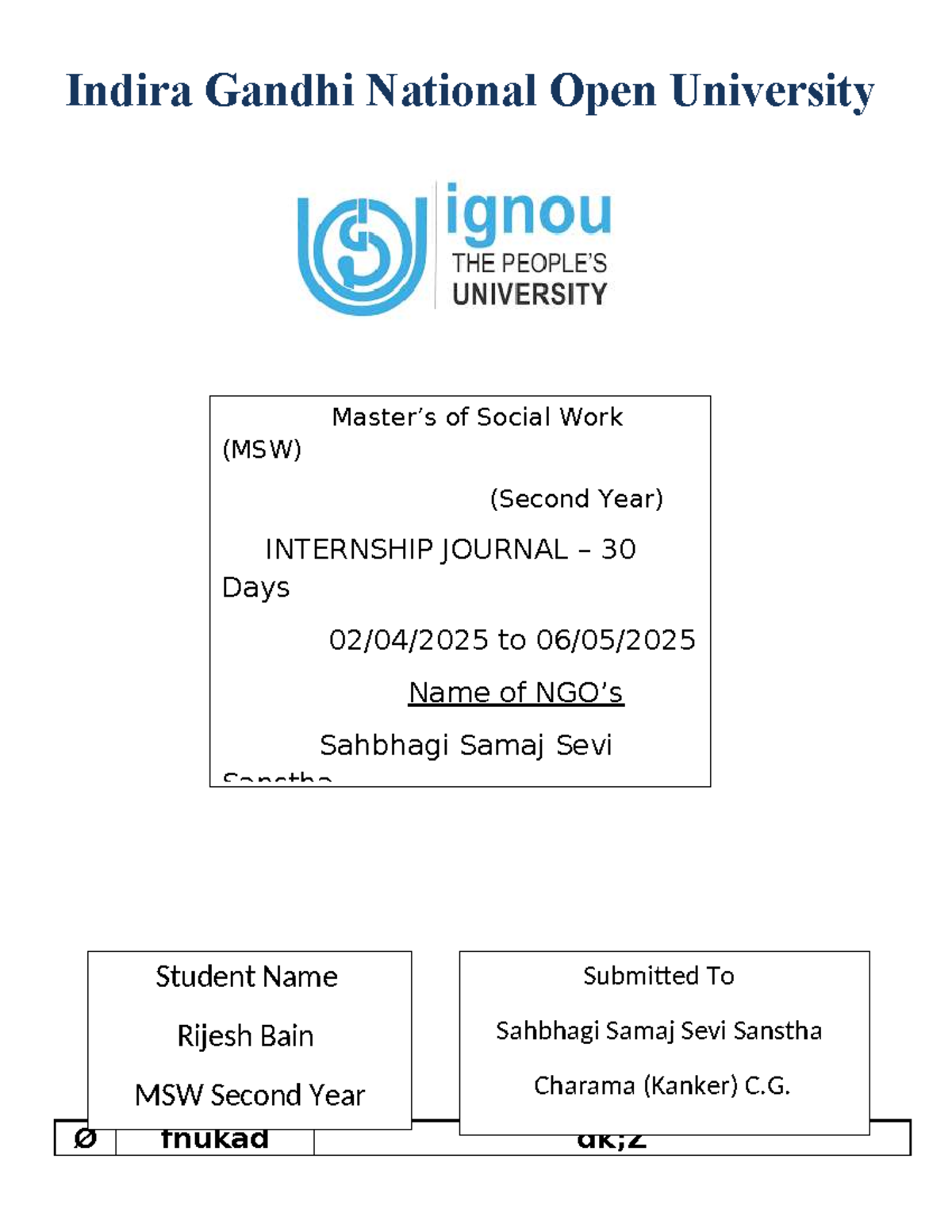 MSW 2nd Year Internship Journal - Sahbhagi Samaj Sevi Sanstha - Studocu
