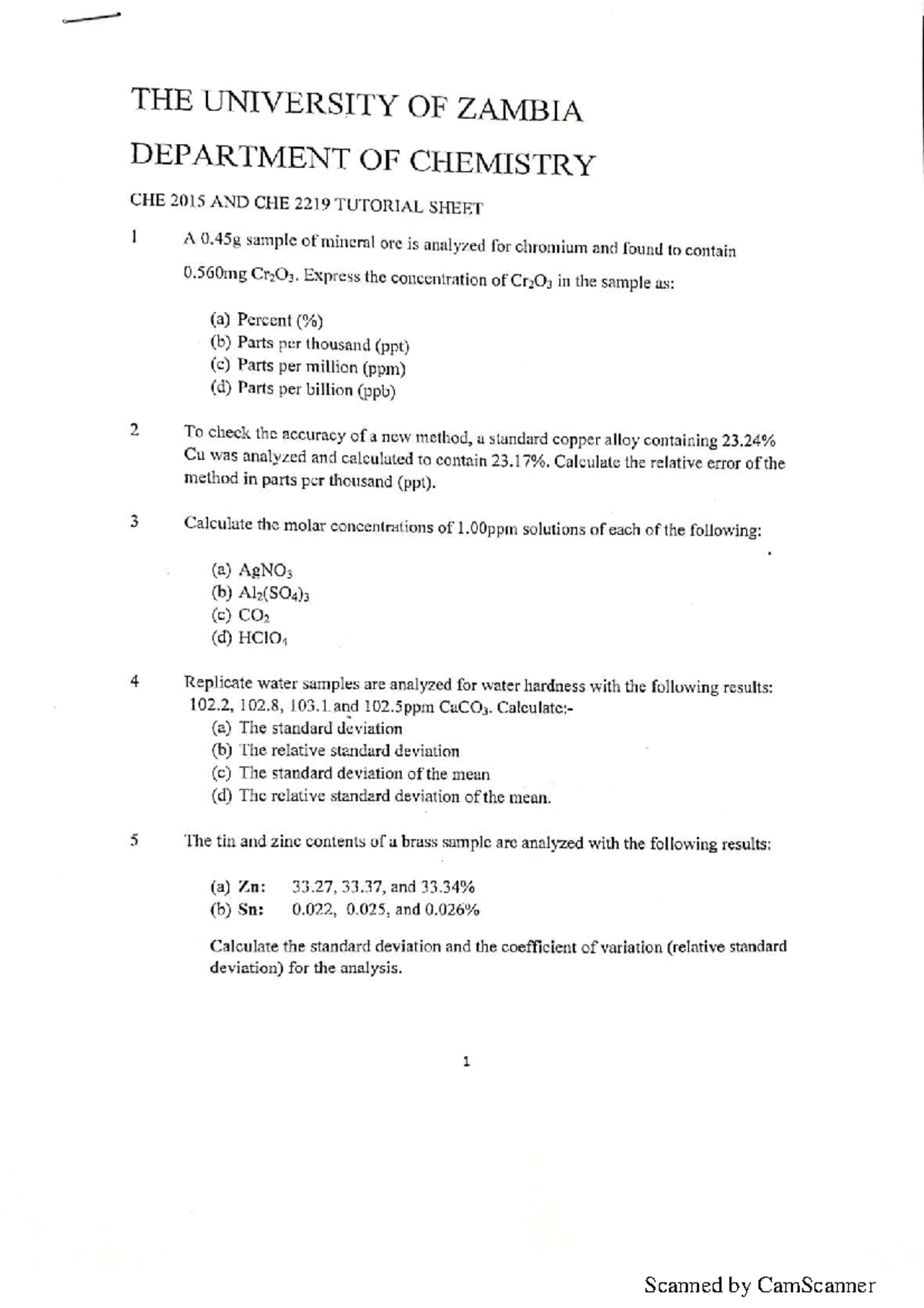 CHE 2015 & CHE 2219 Tutorial Sheet 1: Concentration Calculations ...
