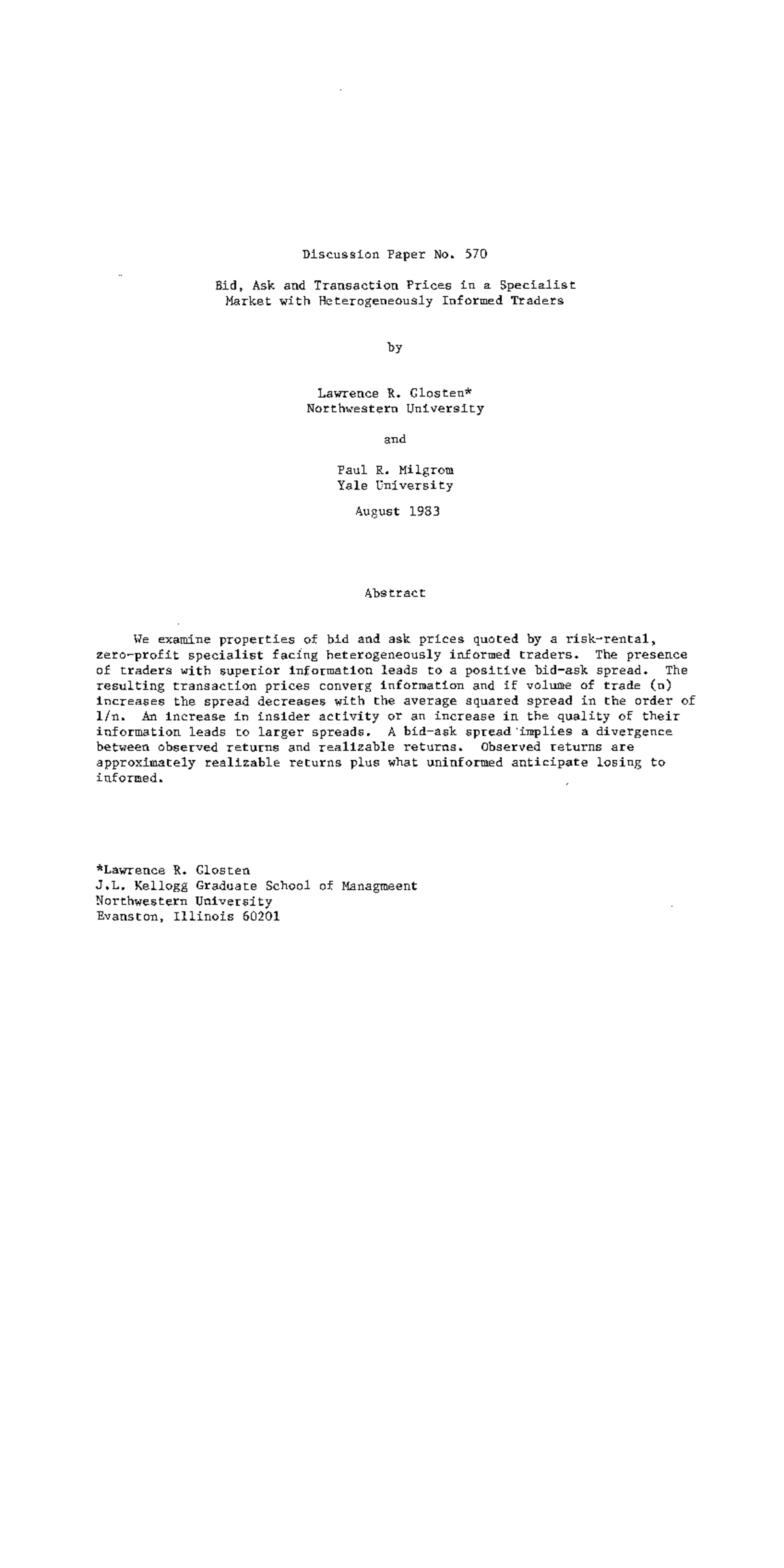Discussion Paper 570: Bid, Ask, and Transaction Prices in Specialist Markets  - Studocu