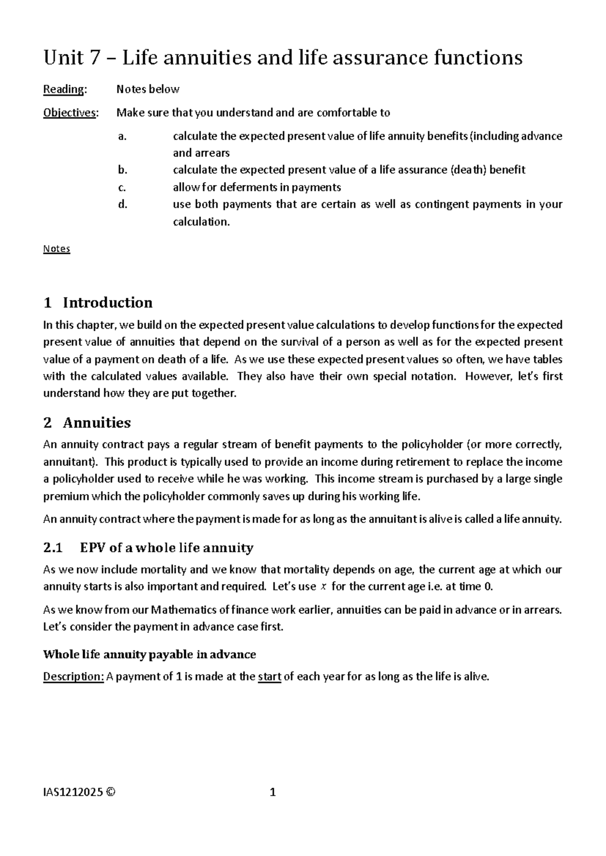 2025 Unit 7 - Life Annuities and Assurance Functions Notes - Studocu