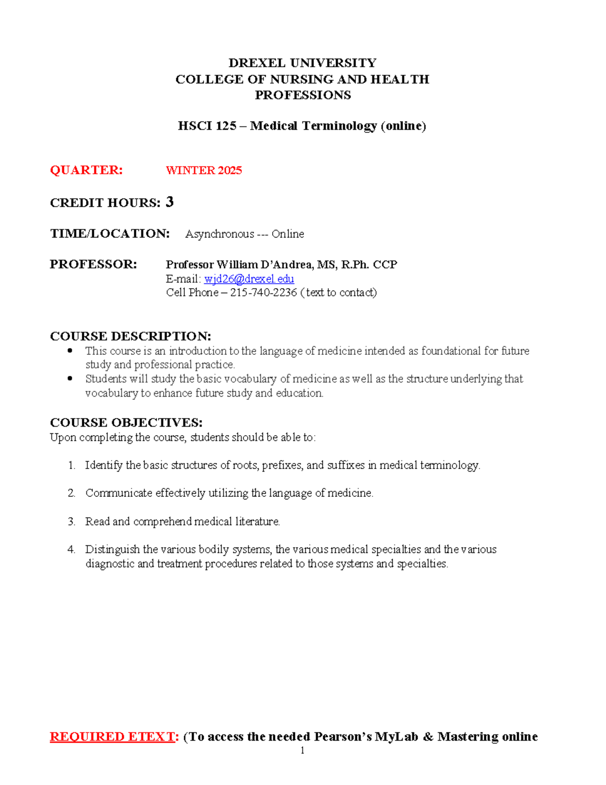 HSCI 125 - Medical Terminology Syllabus - Winter 2025 Edition - Studocu