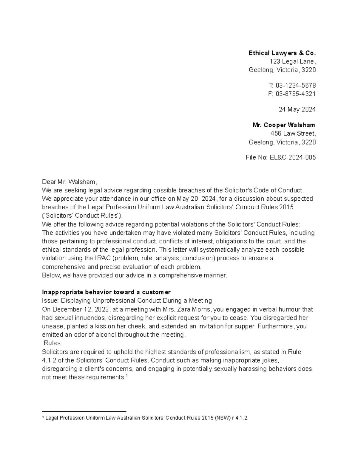 Legal Advice Memo on Potential Violations of Conduct Rules - Studocu