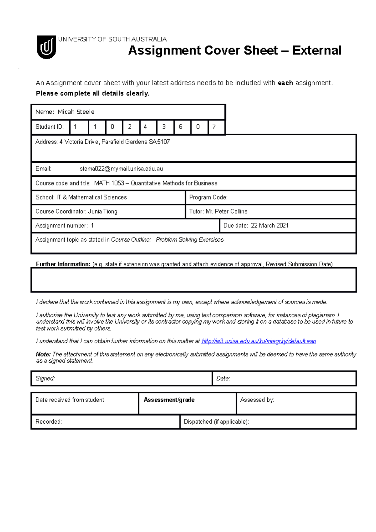 Quantitative Methods for Business - Assignment 1 - UNIVERSITY OF SOUTH ...