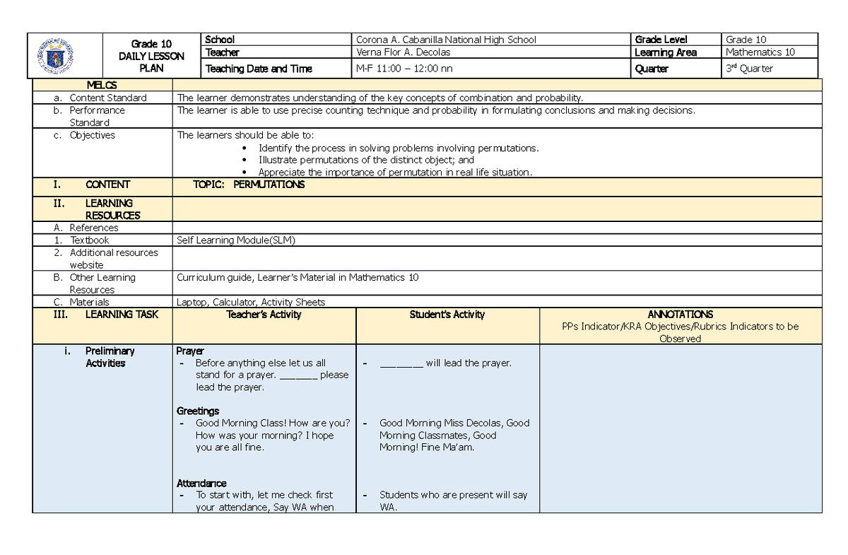 COT 1 - Grade 10 Lesson Plan on Permutations (Final) - Studocu