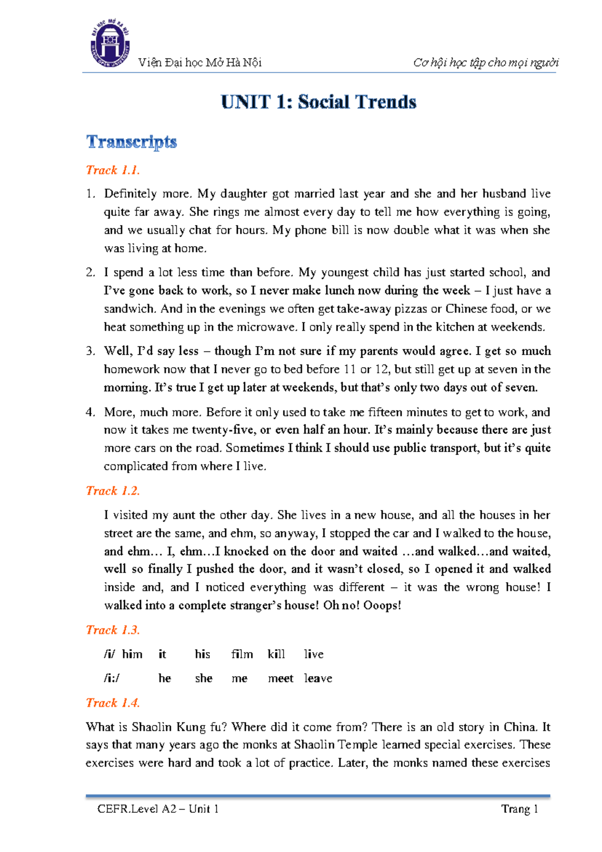UNIT 1 - Social Trends Transcripts - CEFR Level A2 - Studocu