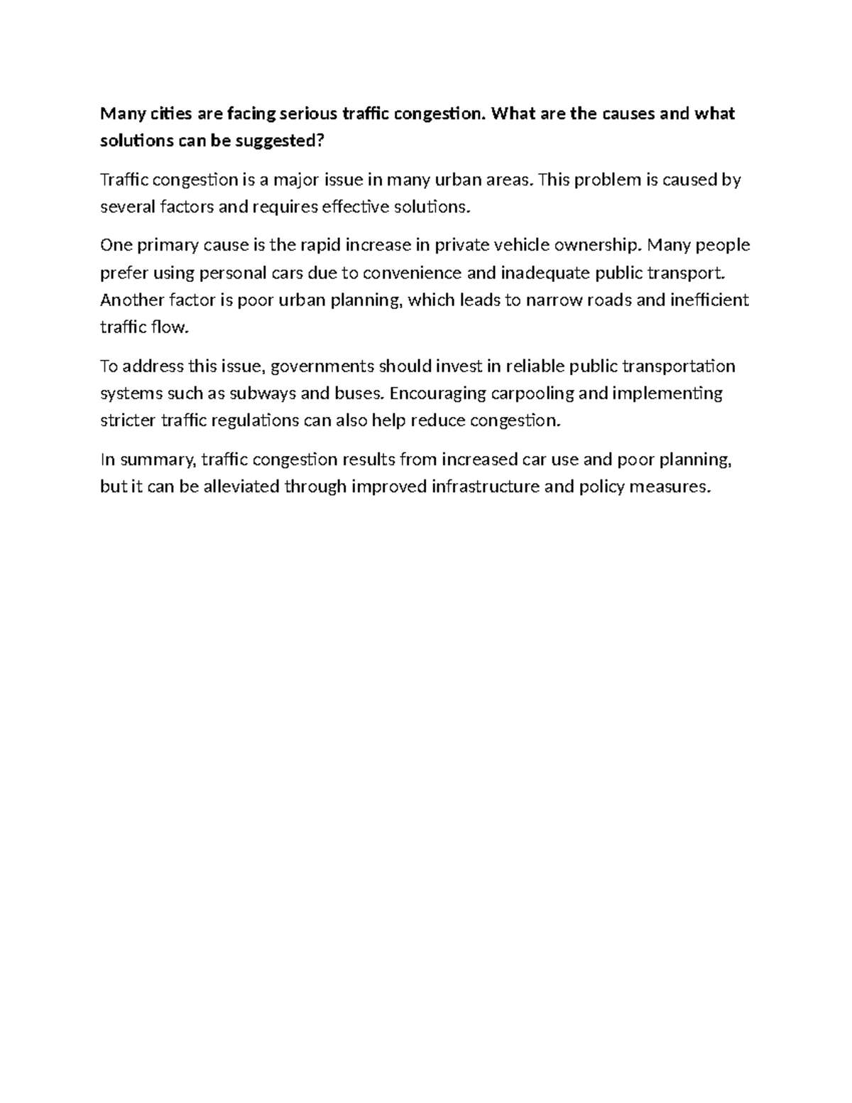 Traffic Congestion Causes & Solutions - IELTS Writing - Studocu