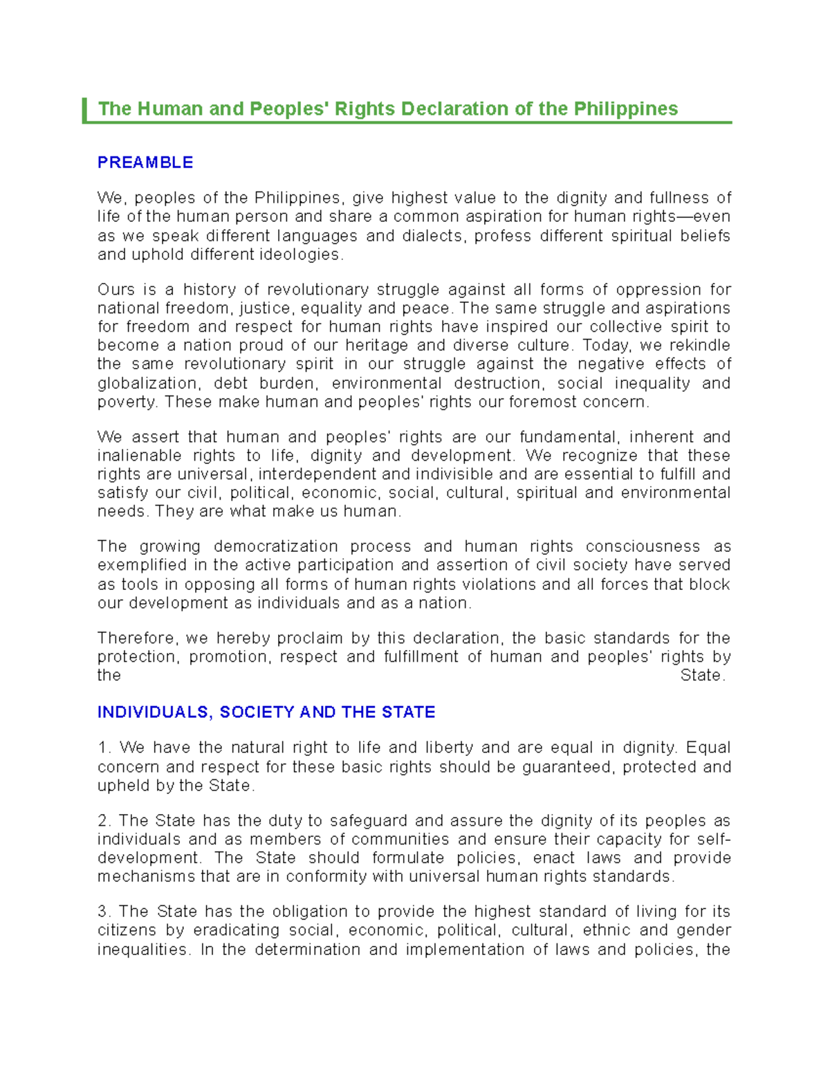 Human and Peoples' Rights Declaration in the Philippines - Overview ...