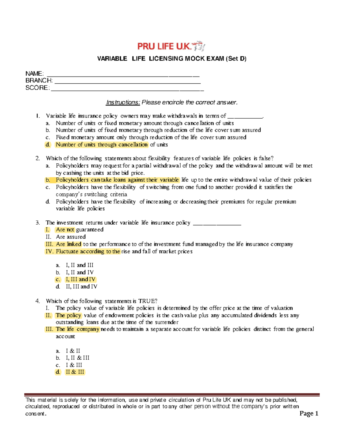 Variable Exam Reviewer - Set D WITH Answers - This material is solely ...