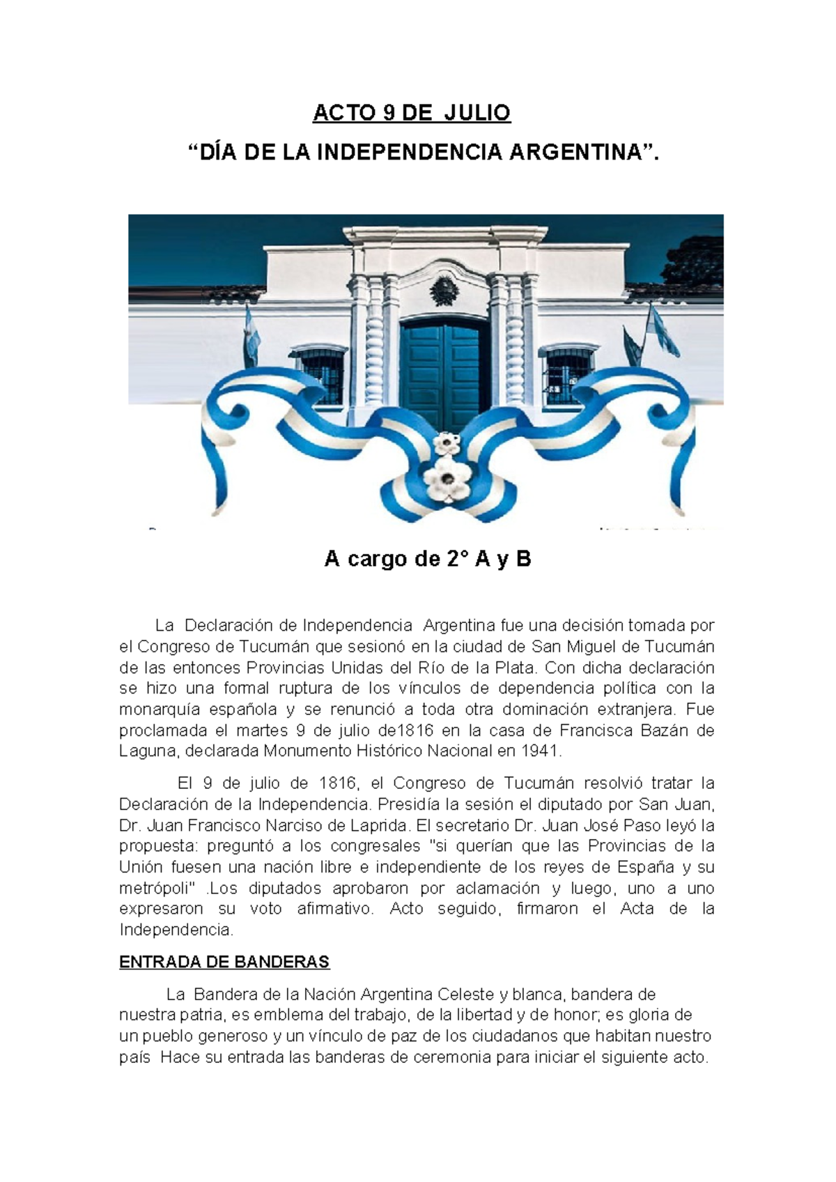 ACTO 9 DE JULIO 1816: Celebración de la Independencia Argentina 2° A y ...