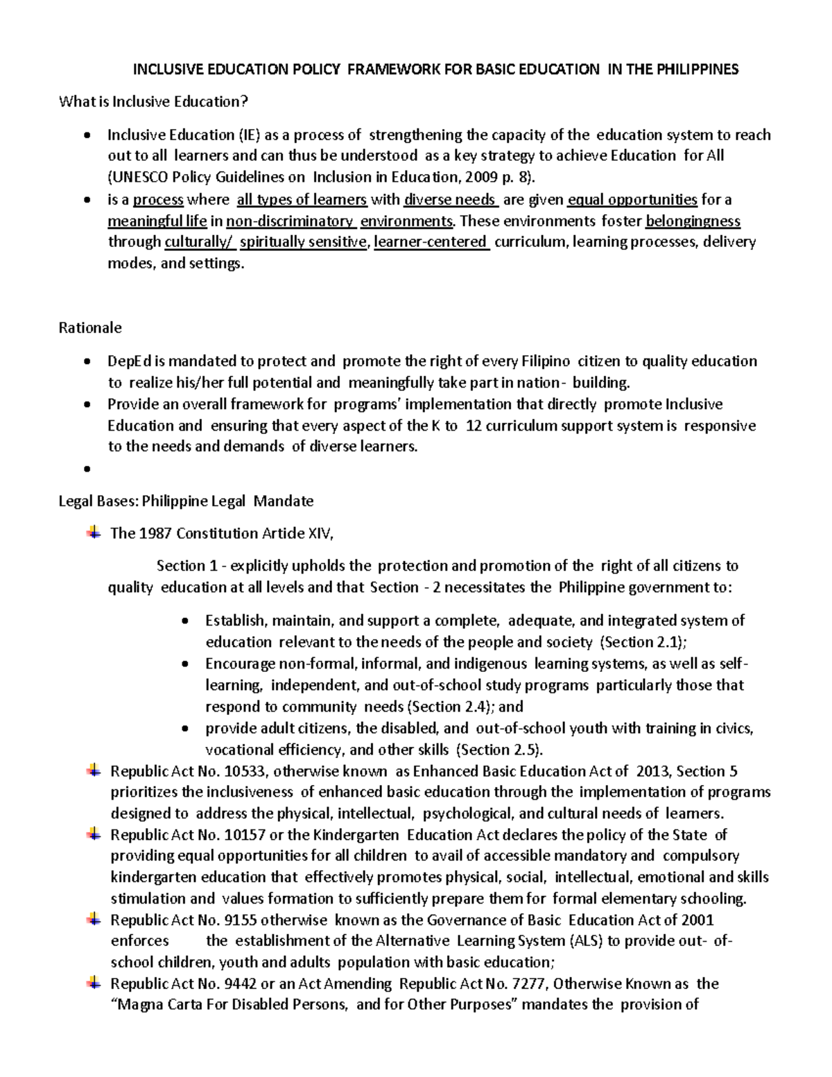 Inclusive Education Policy Framework for Basic Education in the ...