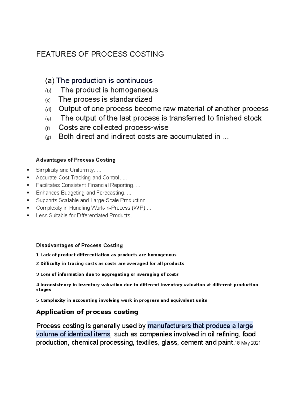 FEATURES OF PROCESS COSTING AND JOB COSTING (ACCT 101) - Studocu