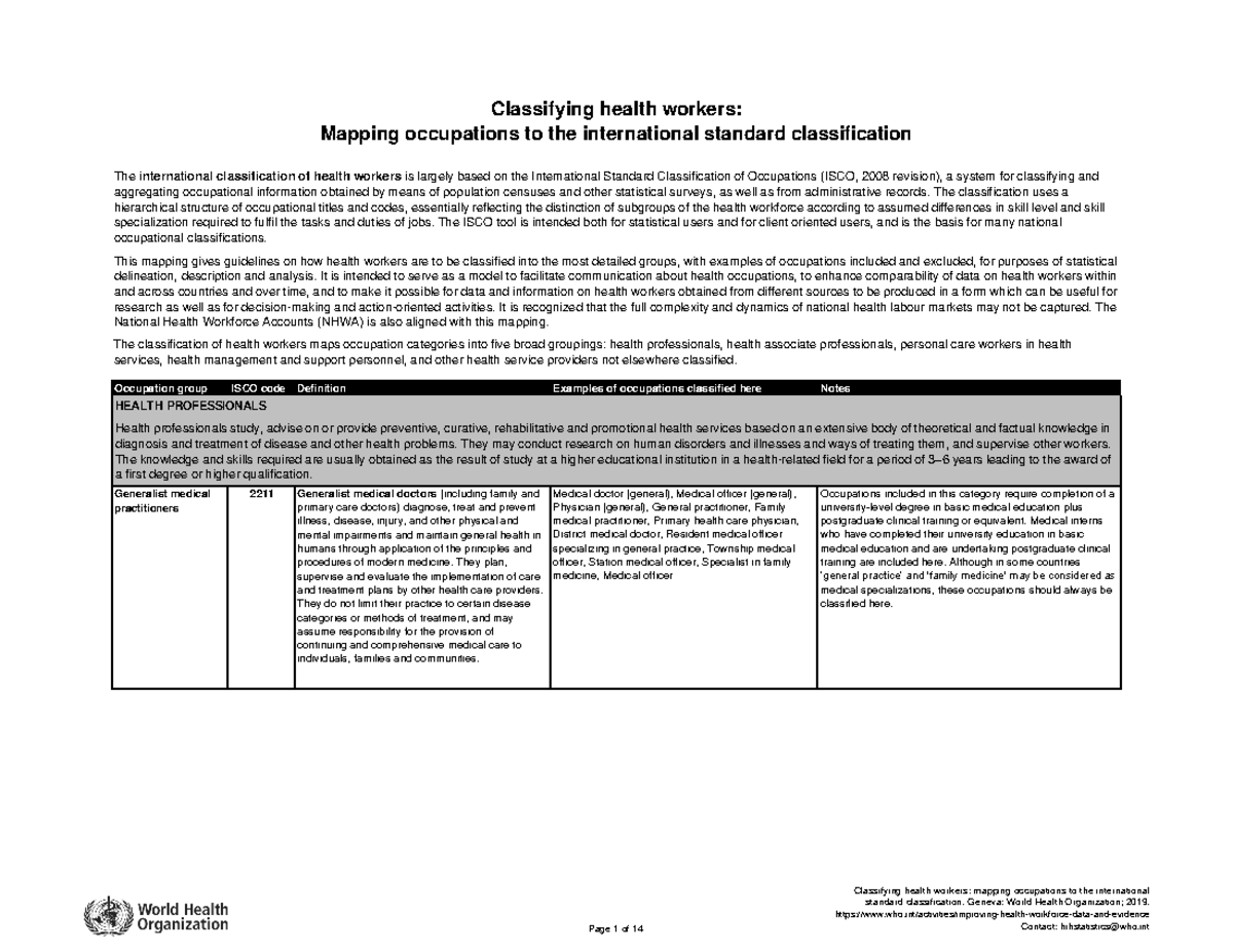 Classifying Health Workers: Mapping Occupations to ISCO Standards - Studocu