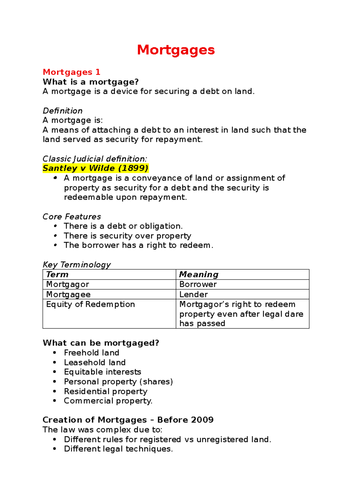 Mortgages: Key Concepts and Legal Framework (Course Code: LCLRA 2009 ...