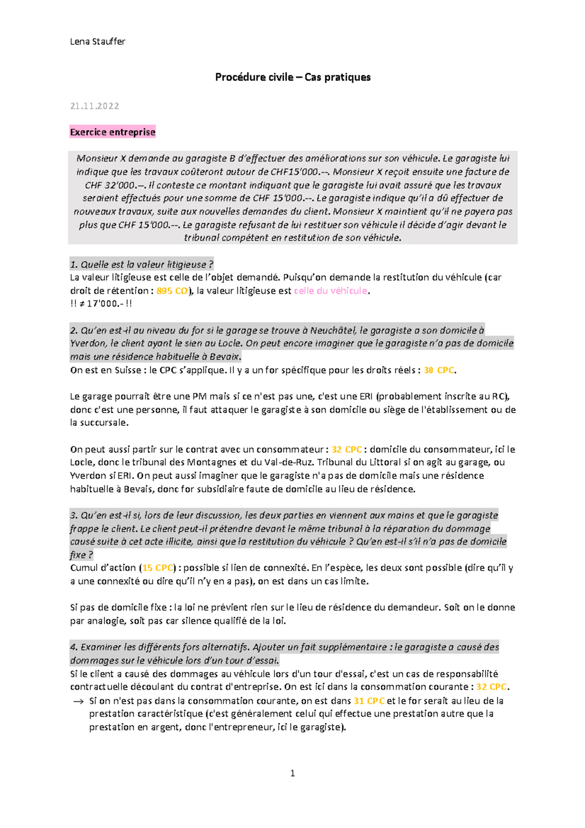 Procédure civile - Cas pratiques et exercices (Lena Stauffer) - Studocu