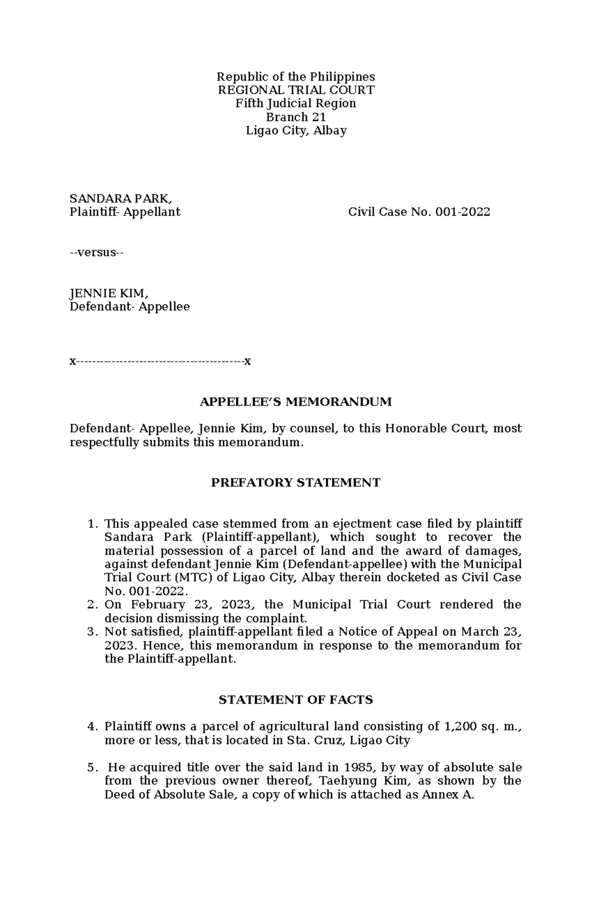 Civil Case Memorandum: Appellee's Arguments in Sandara Park v. Jennie ...