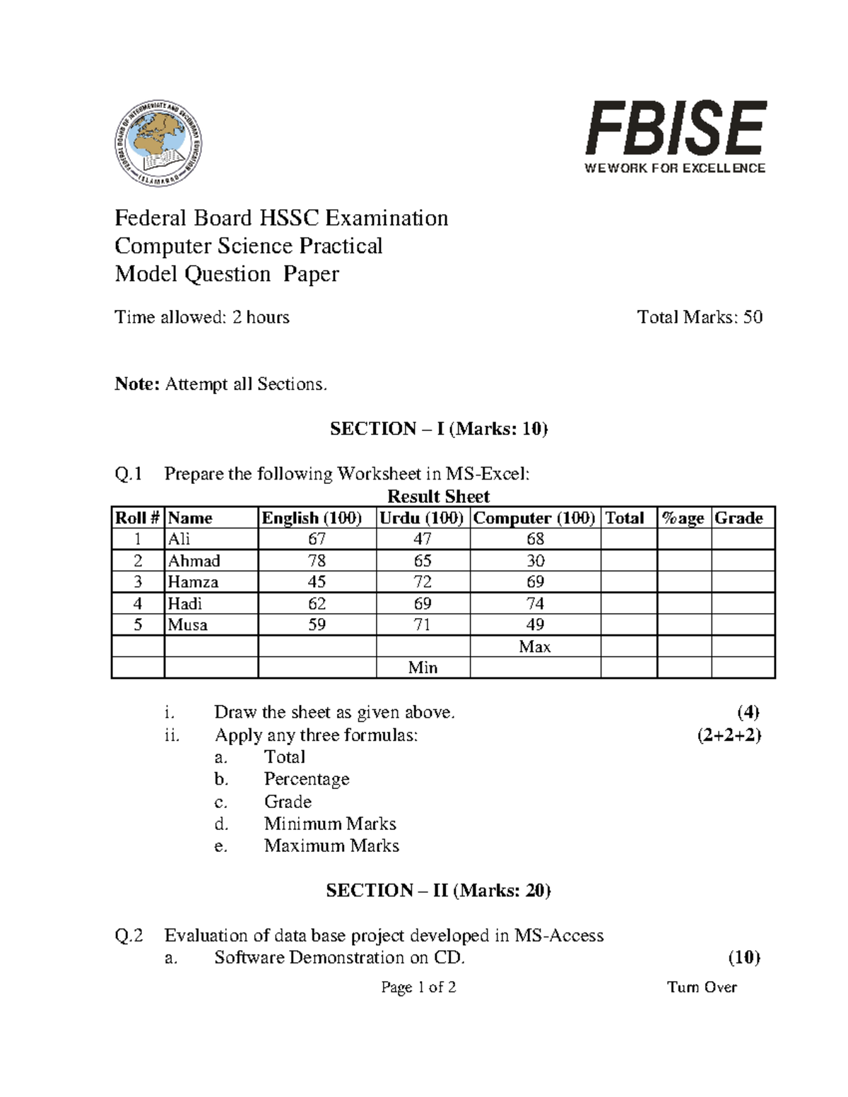 Practical Model Paper for HSSC Computer Science Examination - Studocu