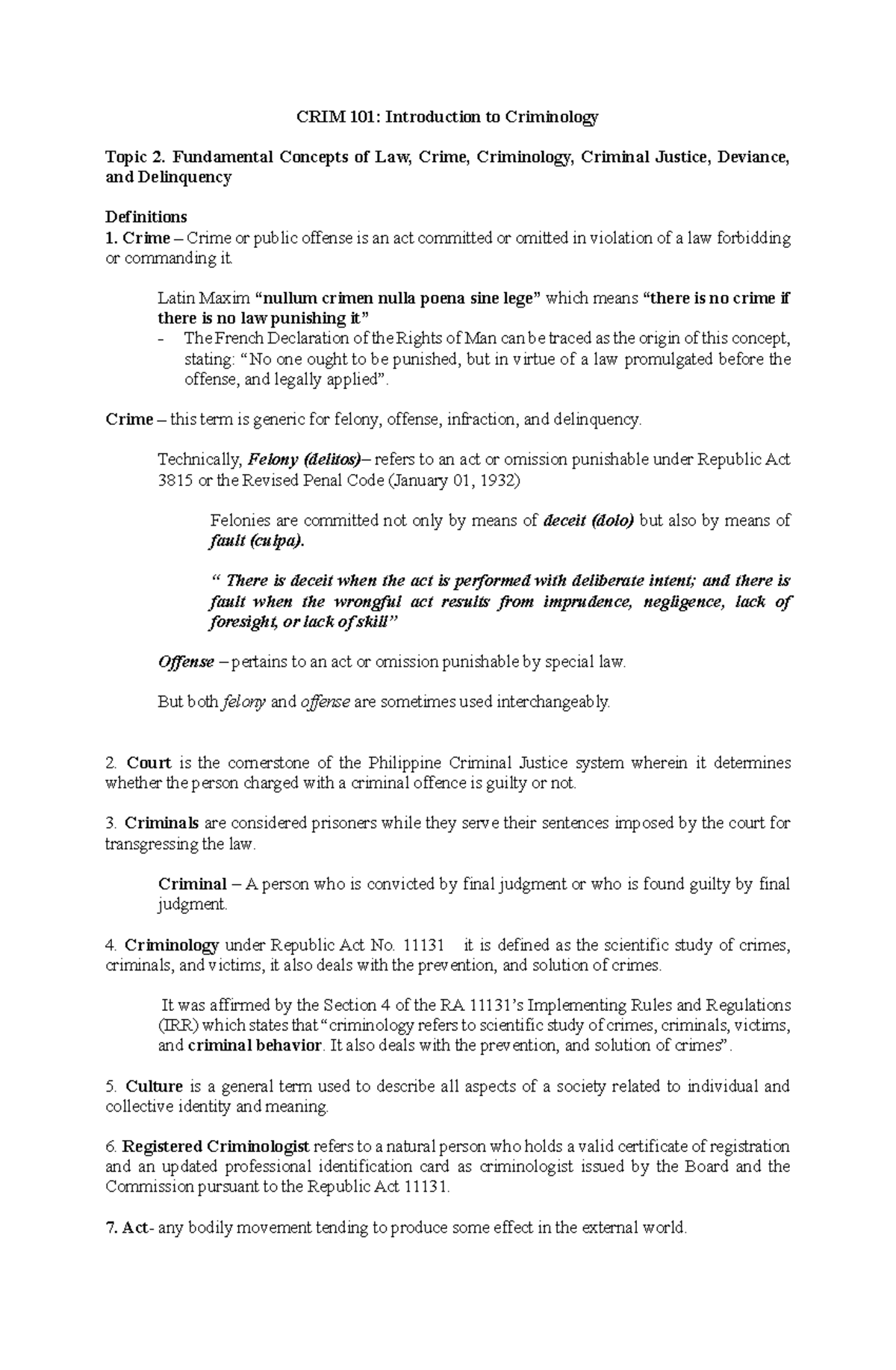 CRIM 101 Topic 2 - Fundamental Concepts in Criminology - Studocu