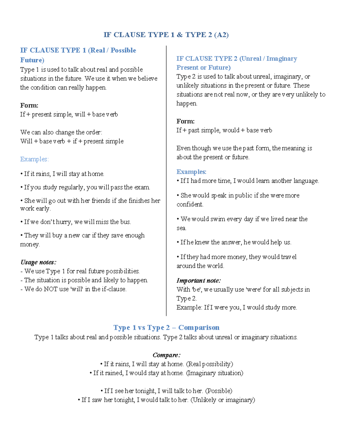 If Clause Types 1 & 2 (A2): Explanation and Exercises - Studocu