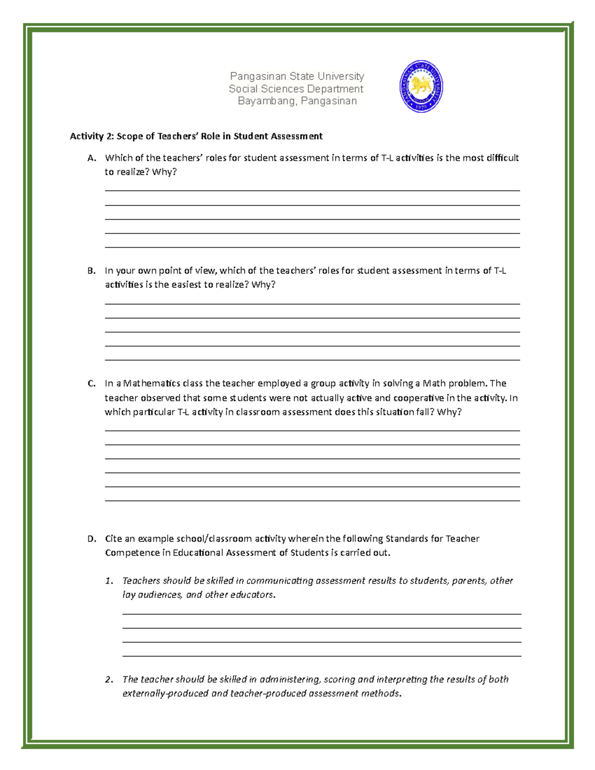 Activity 2: Scope of Teachers' Roles in Student Assessment (EDU 101 ...