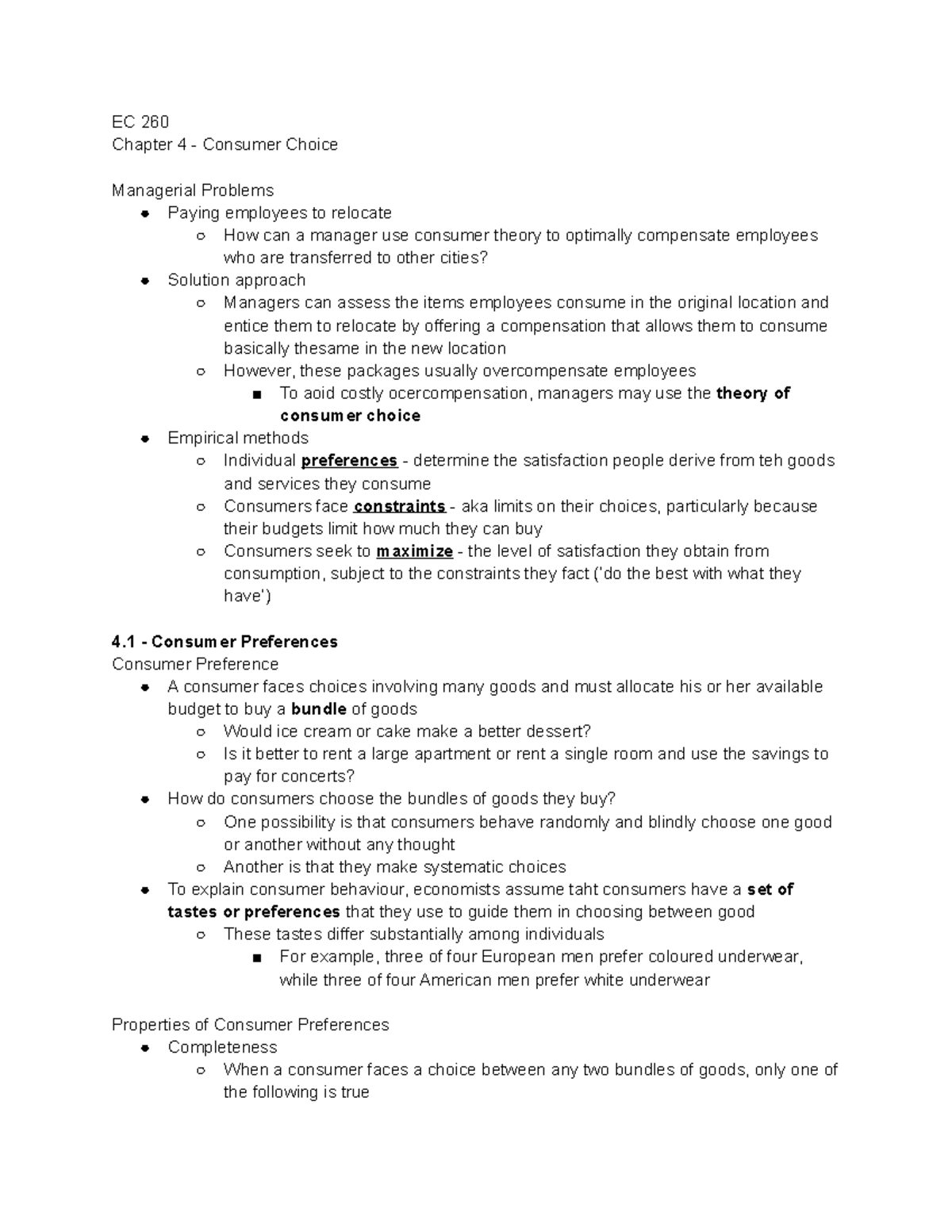 EC 260 - Chapter 4: Analyzing Consumer Choice and Preferences - Studocu