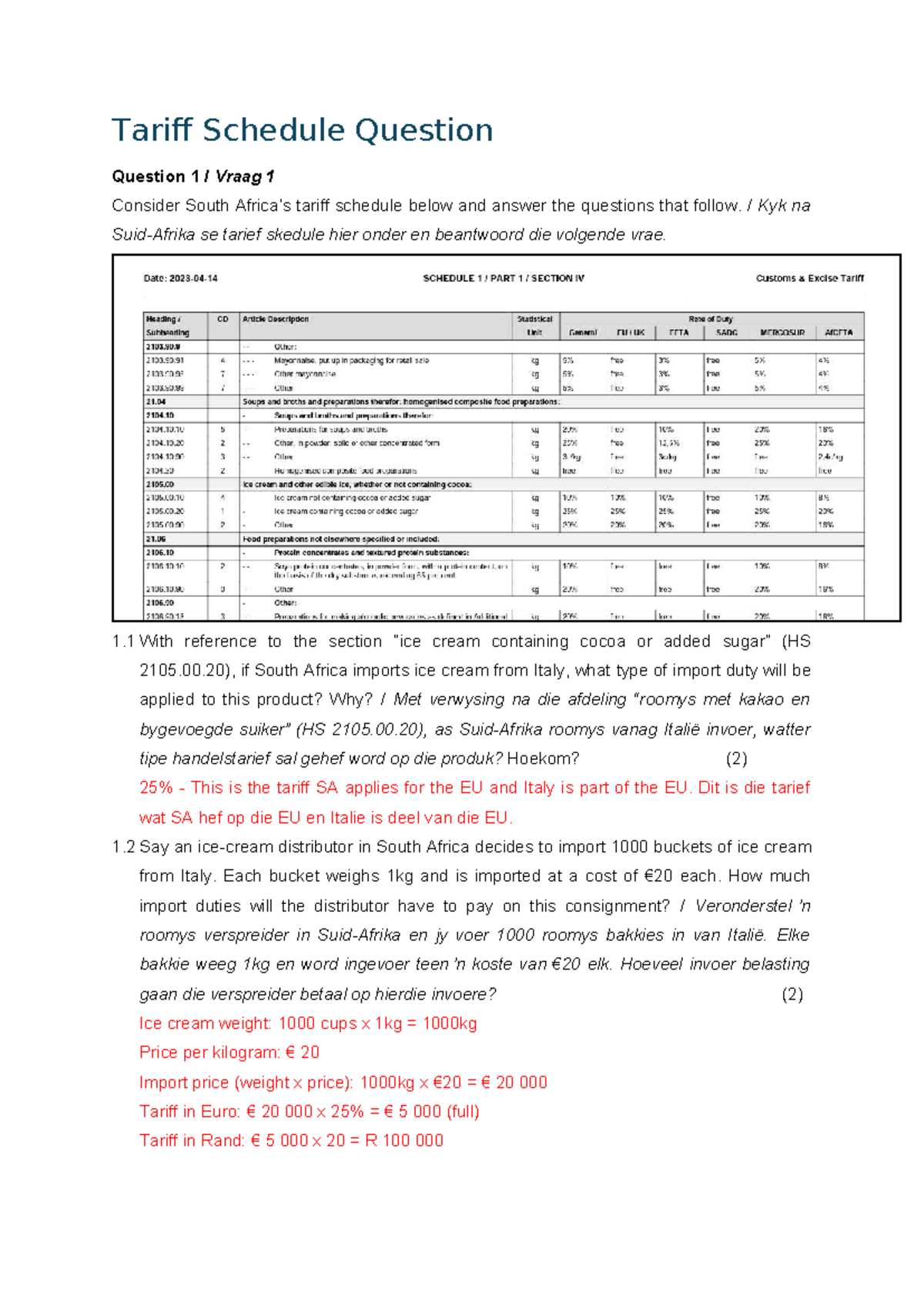 Tariff Schedule Question - Tariff Schedule Question Question 1 / Vraag ...