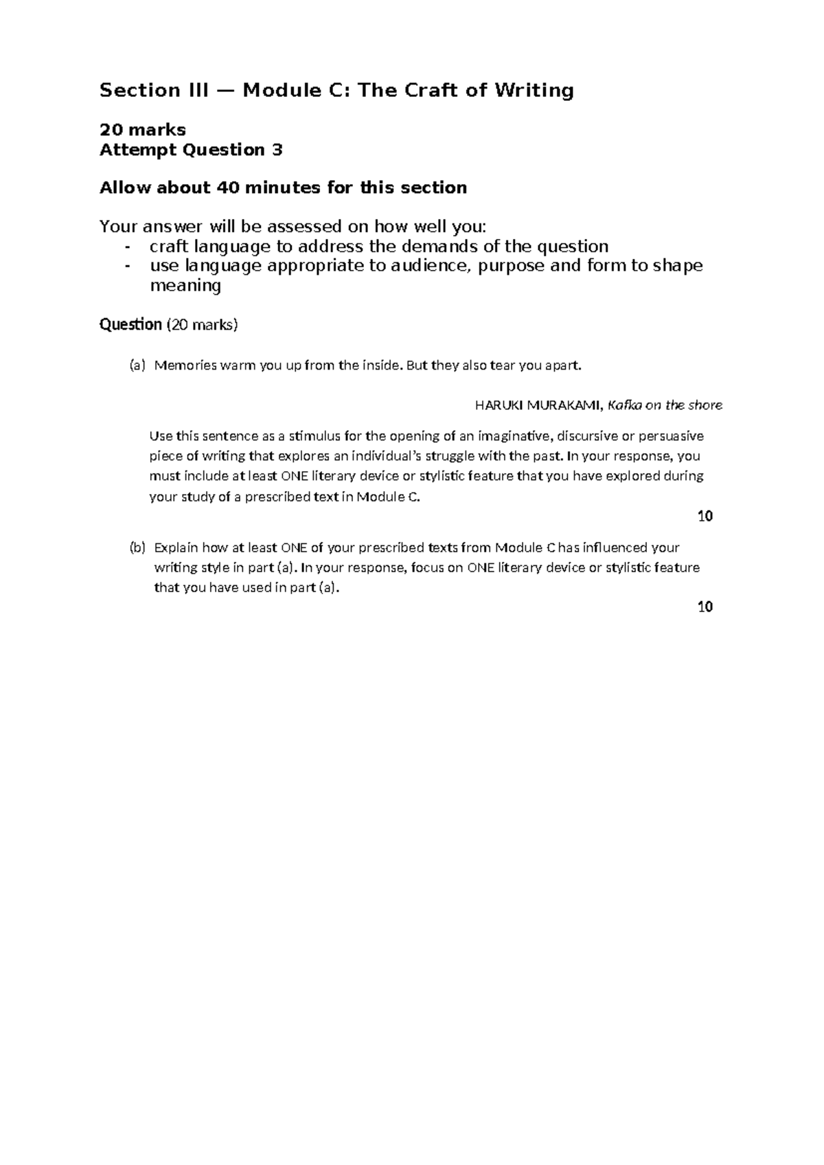 Module C: The Craft of Writing Practice Paper (20 Marks) - Studocu