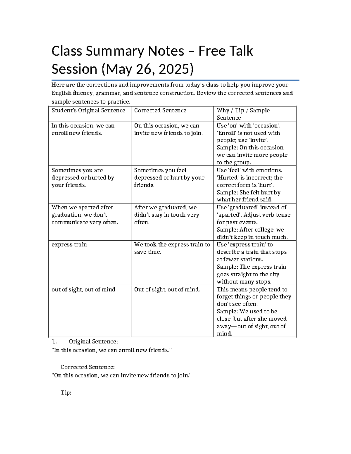 Class Summary Notes: Free Talk Session Corrections & Tips (May 2025 ...