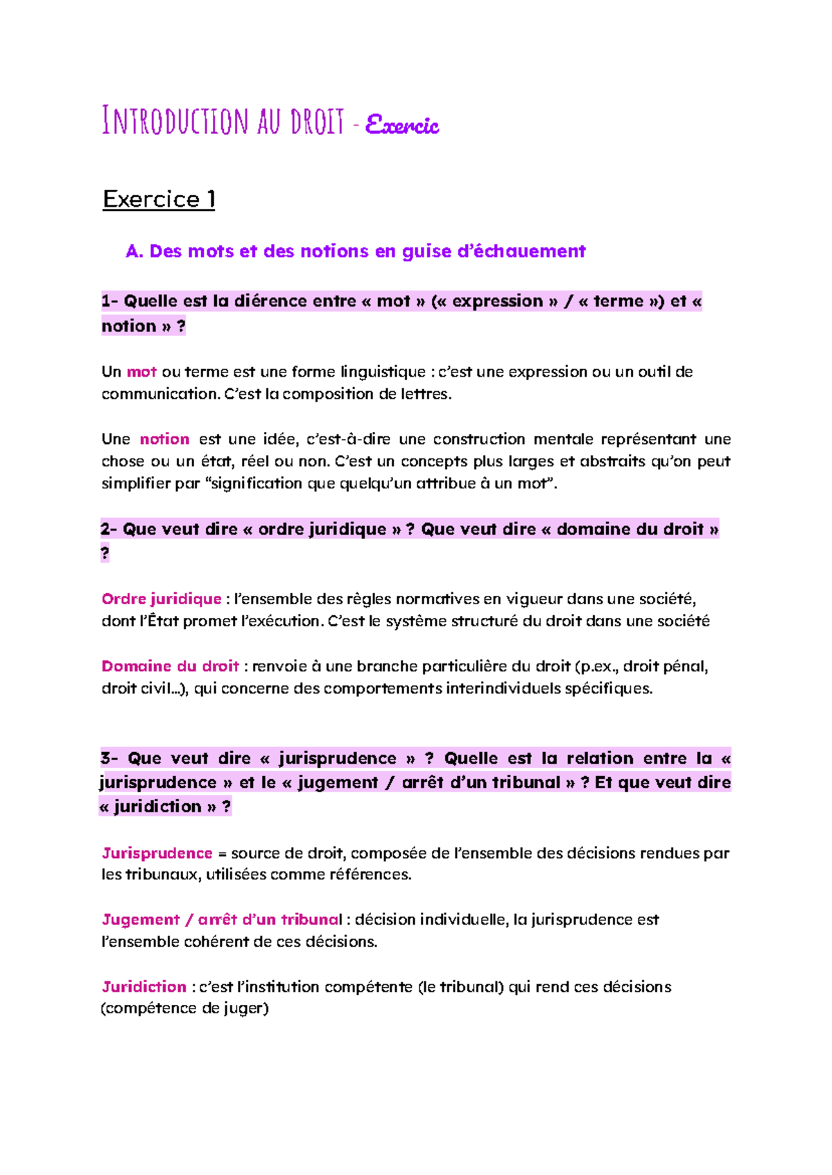 Introduction au droit - Exercice 2 : Concepts et Notions Juridiques ...