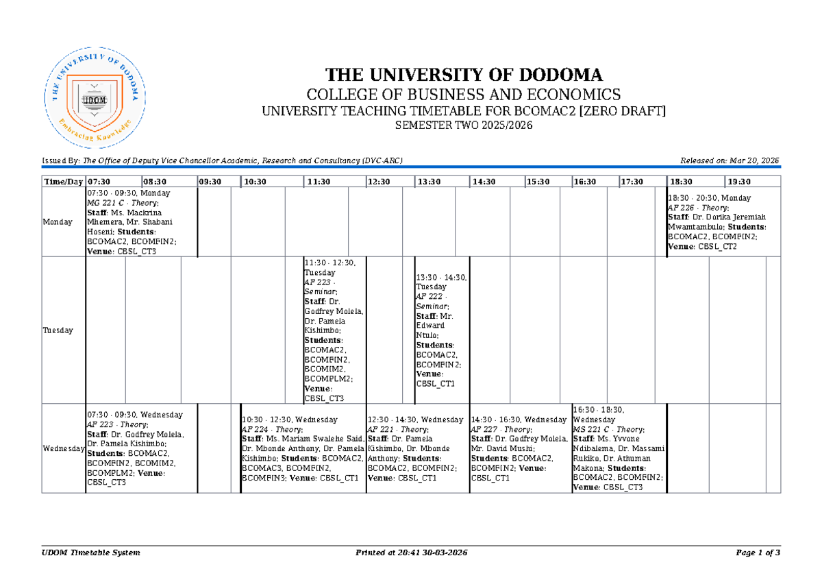 BCOMAC2 Teaching Timetable for Semester Two 2026 - Studocu